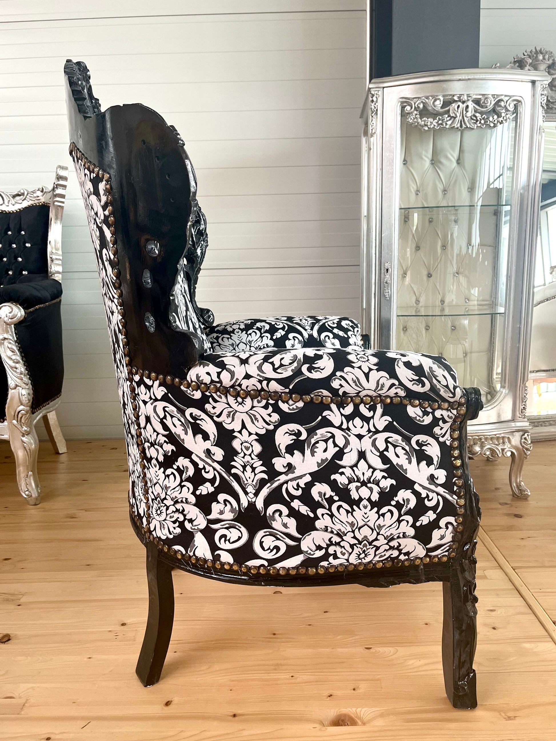 Armchair French Baroque Rococo Style in Floral Print Sofa Chair Italian Antique Style Floral Print for Living Room