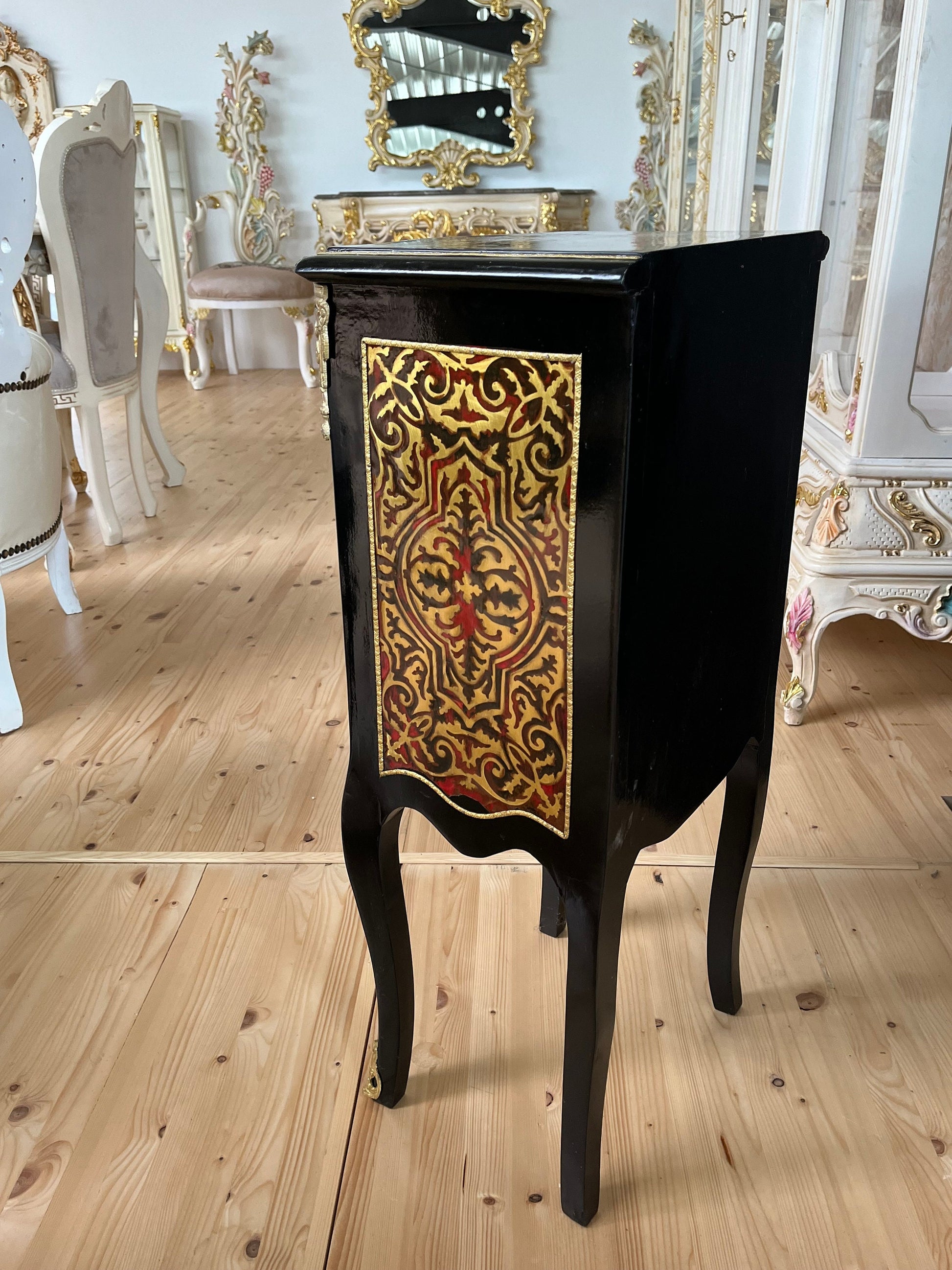 Louis XVI Möbel Kommode Nachttisch im Antik Stil/ French Baroque Antique Style Night Stand in Black Bronze Motif