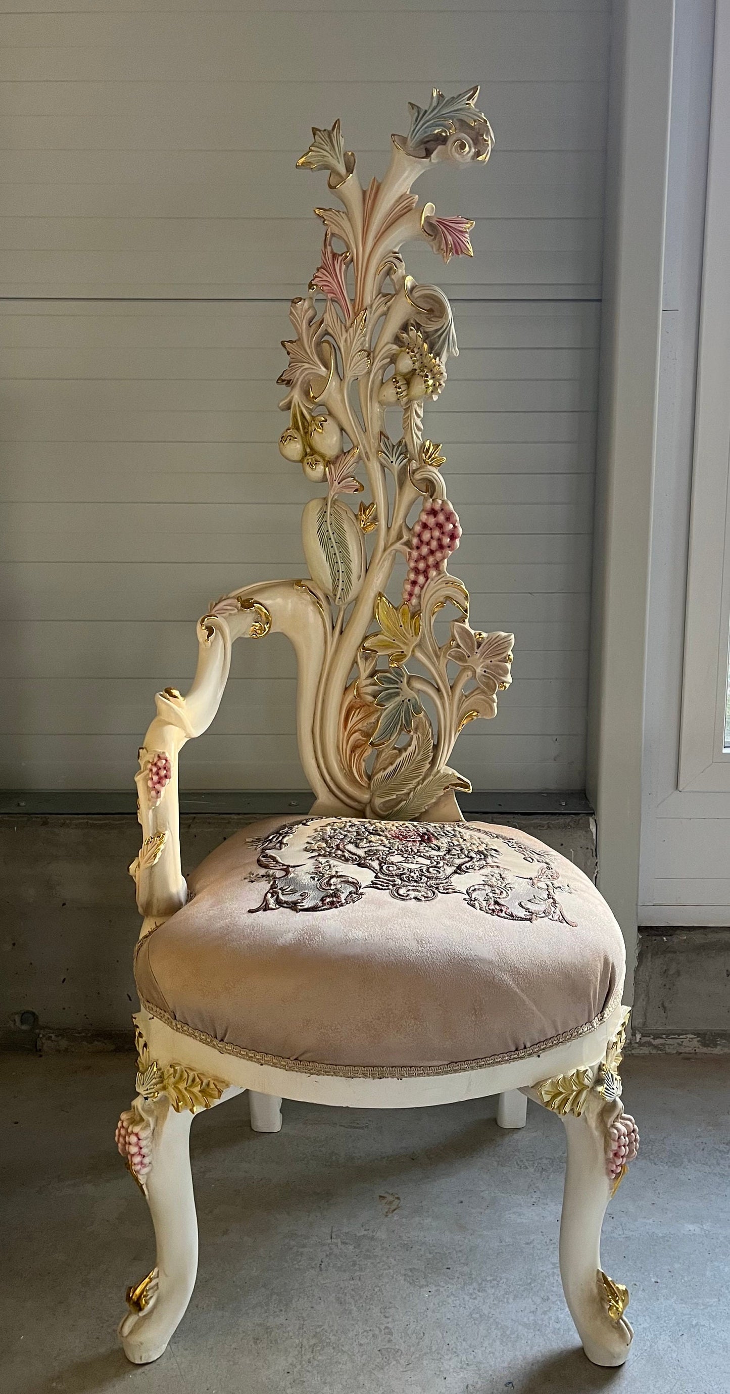 A Pair of Chairs French Baroque Style for Wedding Party Event in Flower Shape Backrest & Floral Embroidered Matching Fabric in Handcrafted