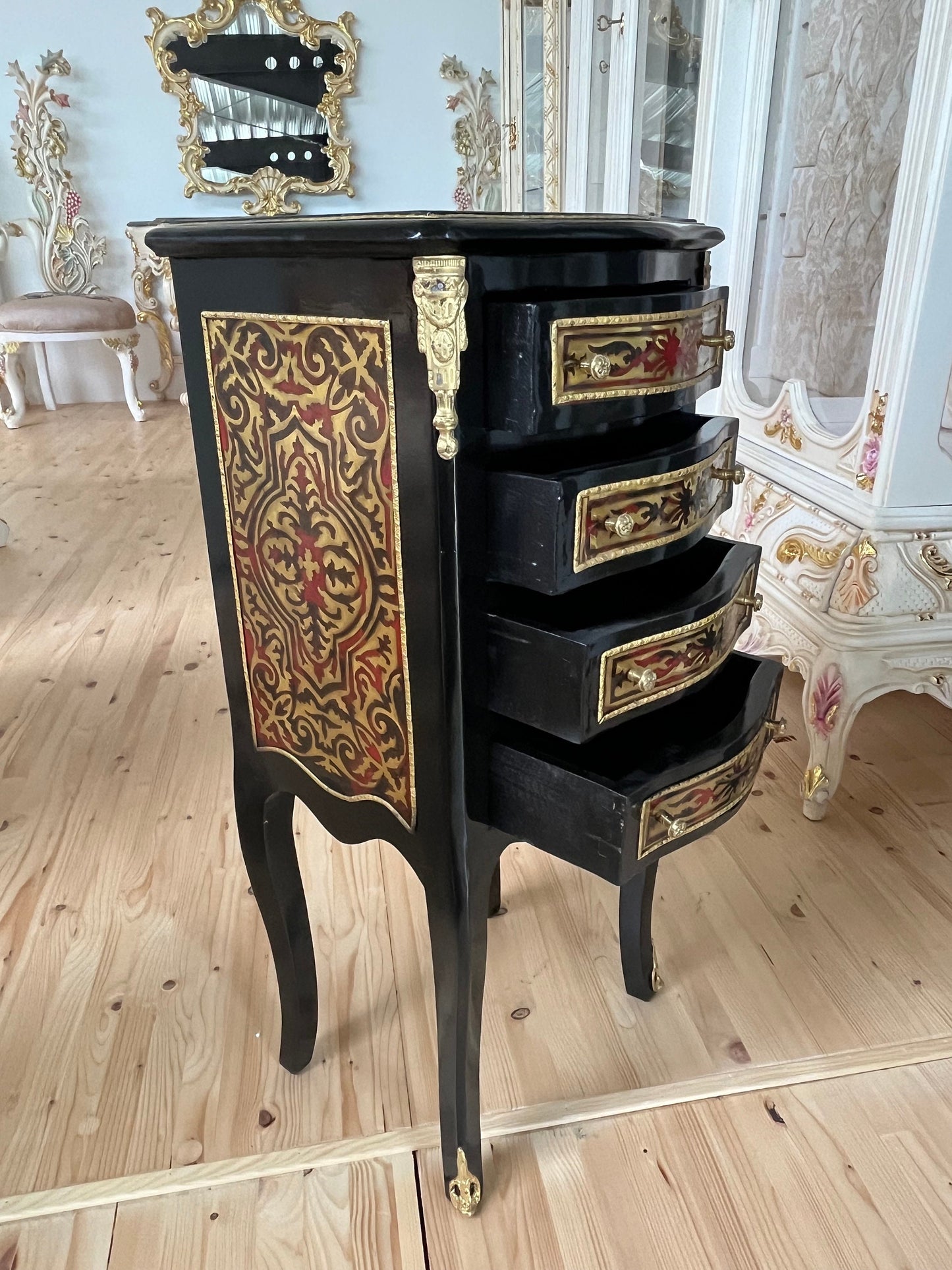 Louis XVI Möbel Kommode Nachttisch im Antik Stil/ French Baroque Antique Style Night Stand in Black Bronze Motif