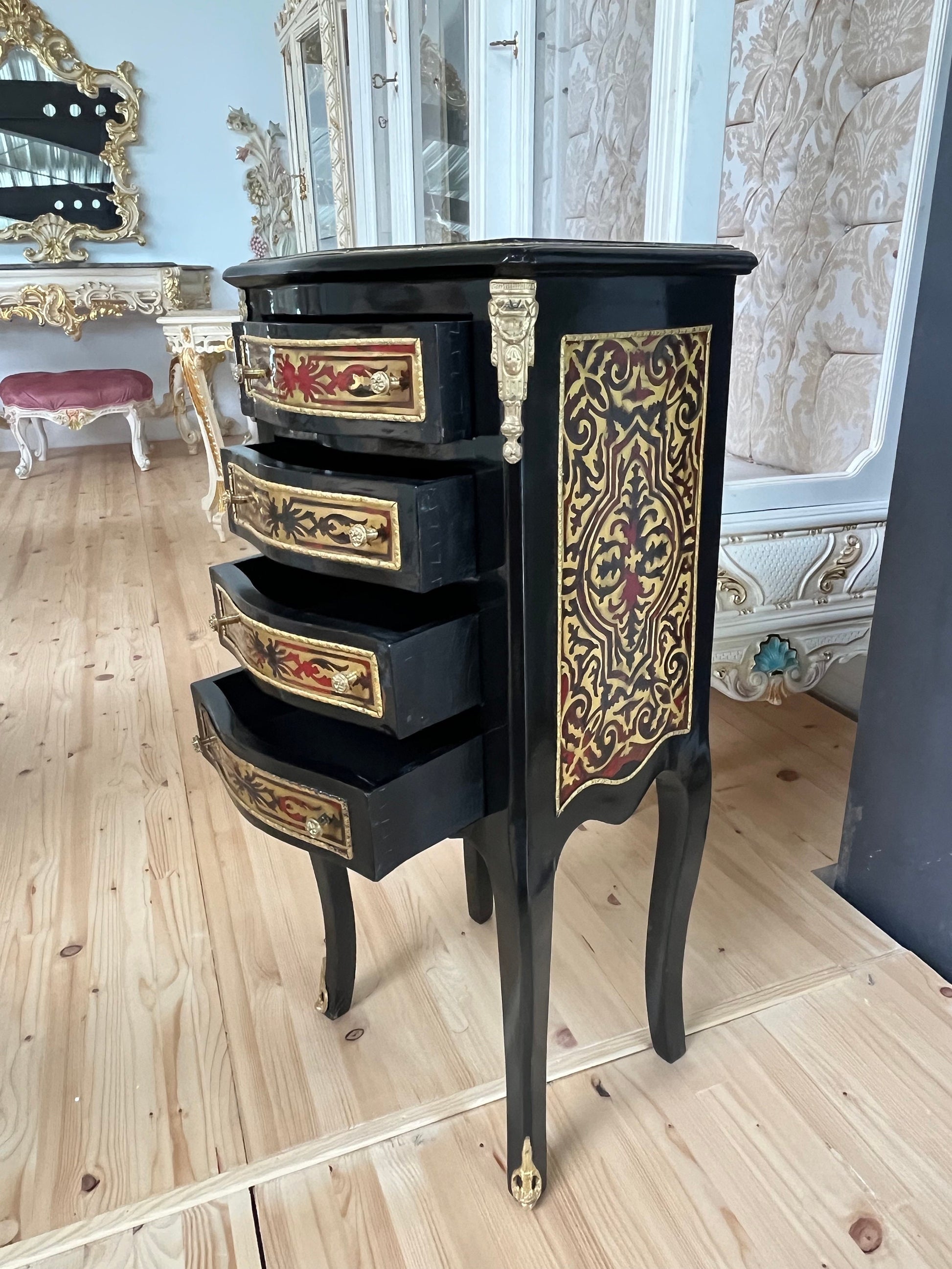 Louis XVI Möbel Kommode Nachttisch im Antik Stil/ French Baroque Antique Style Night Stand in Black Bronze Motif