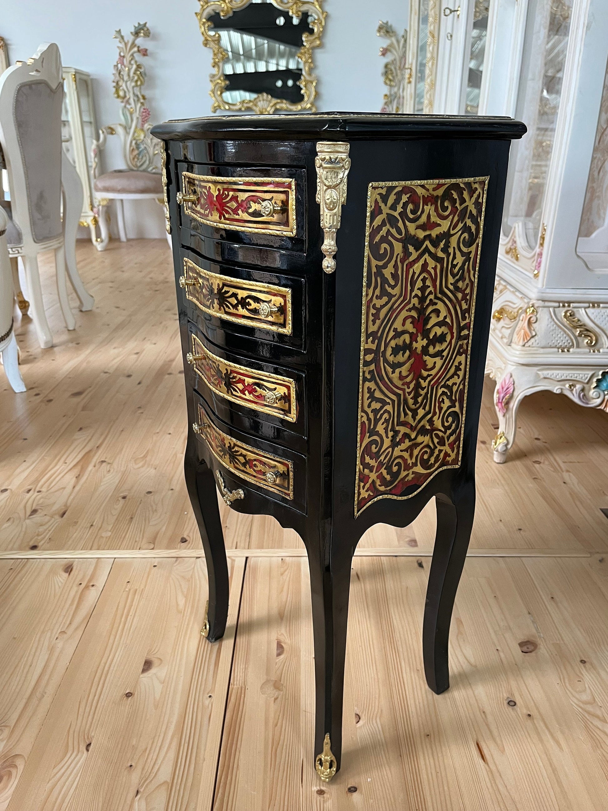 Louis XVI Möbel Kommode Nachttisch im Antik Stil/ French Baroque Antique Style Night Stand in Black Bronze Motif