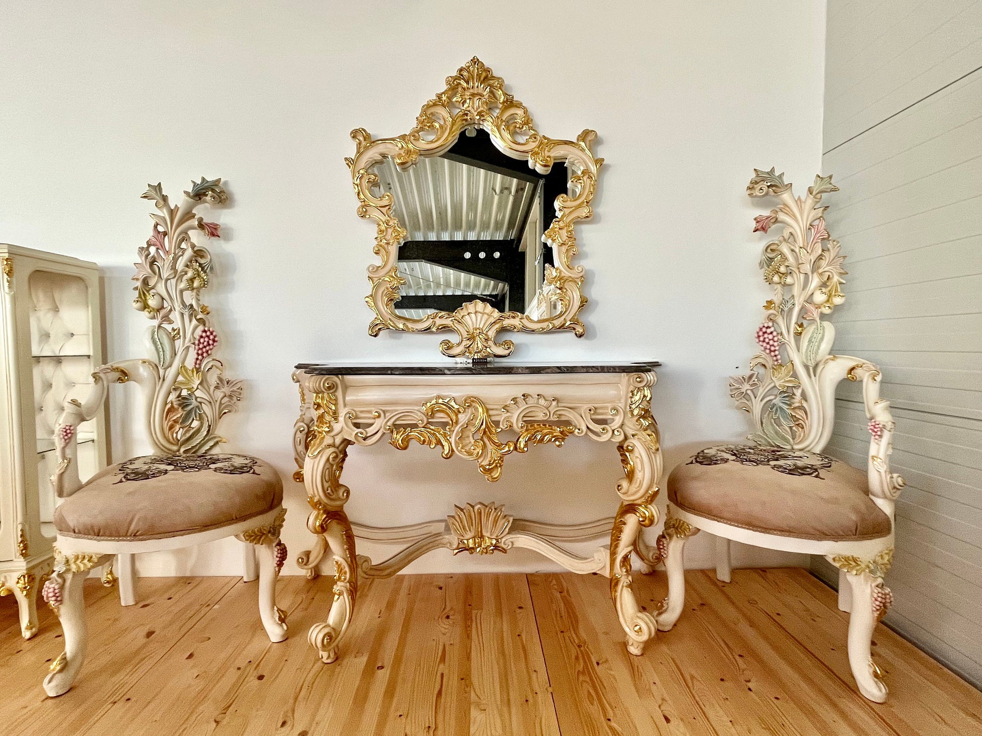 A Pair of Chairs French Baroque Style for Wedding Party Event in Flower Shape Backrest & Floral Embroidered Matching Fabric in Handcrafted