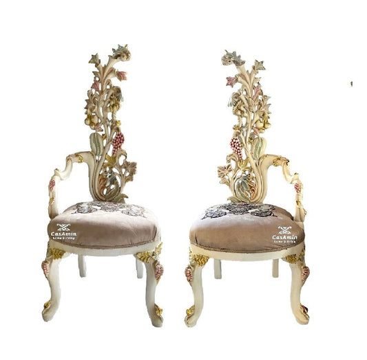 A Pair of Chairs French Baroque Style for Wedding Party Event in Flower Shape Backrest & Floral Embroidered Matching Fabric in Handcrafted