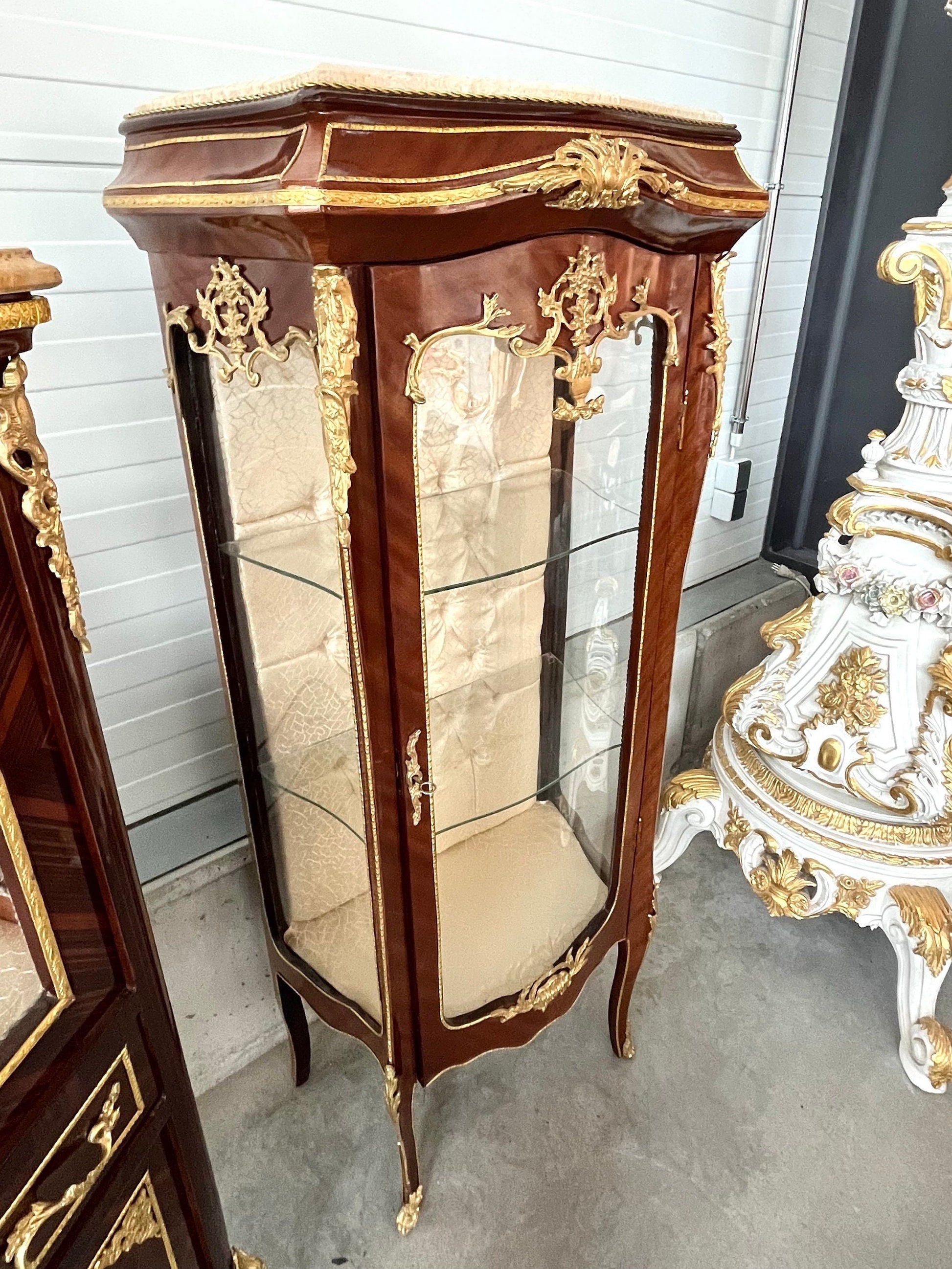Display Cabinet French Baroque Retro Style Marble Slab Top Showcase with Brass Ornament- Slim