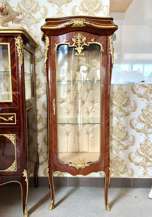 Display Cabinet French Baroque Retro Style Marble Slab Top Showcase with Brass Ornament- Slim