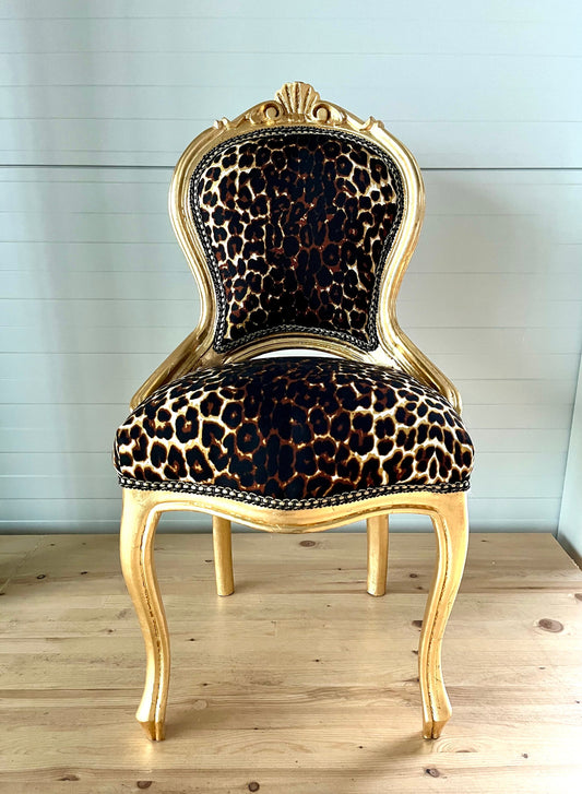 Small Chair French Baroque Rococo Style Retro Italian Style Kid’s Chair in Leopard Print Gold Finish Chair Black Flower Pattern Gold Finish
