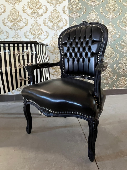 Armchair French Louis Style Black Leather-Like Chair Retro Baroque Rococo Style Armchair in Black or Dark Wood Frame