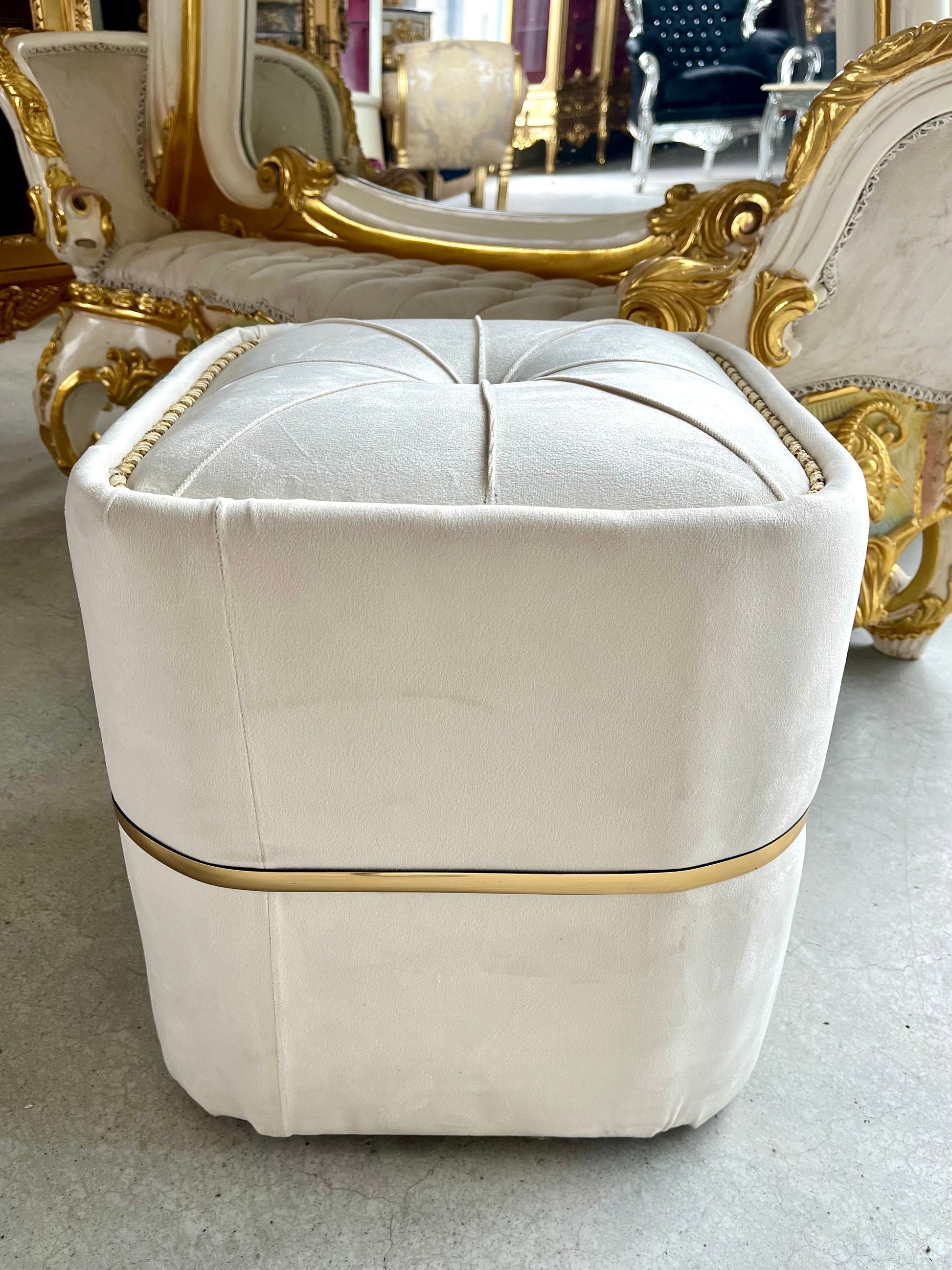 Ottoman Baroque Rococo Style Colorful Footstool Retro Handmade Home Decor Style Ottoman in Rich Velvet Beige & Blue Color