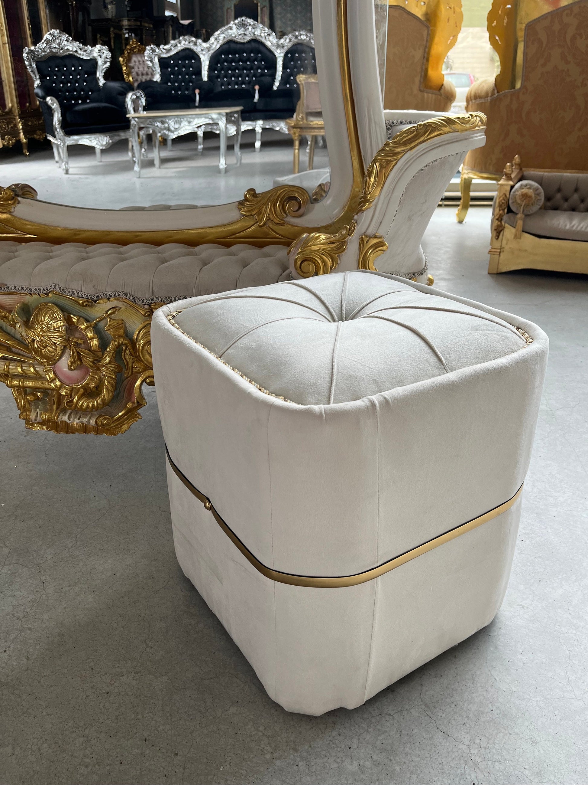 Ottoman Baroque Rococo Style Colorful Footstool Retro Handmade Home Decor Style Ottoman in Rich Velvet Beige & Blue Color