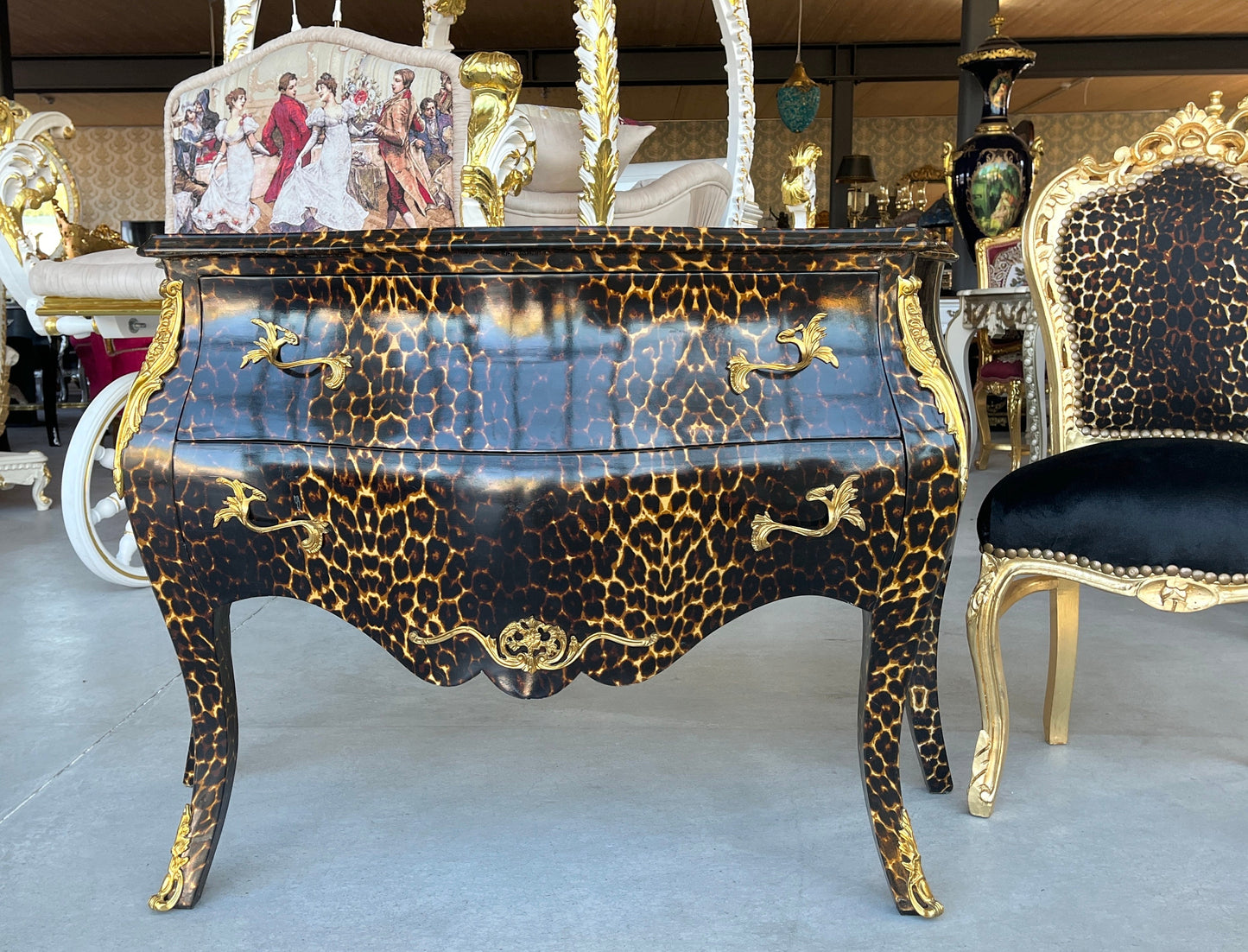 Chest of Drawer Louis XV Style in Leopard Print Dresser Retro Baroque Rococo Style Bedroom Kommode in Brown Leopard Print Collection Decor