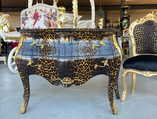 Chest of Drawer Louis XV Style in Leopard Print Dresser Retro Baroque Rococo Style Bedroom Kommode in Brown Leopard Print Collection Decor