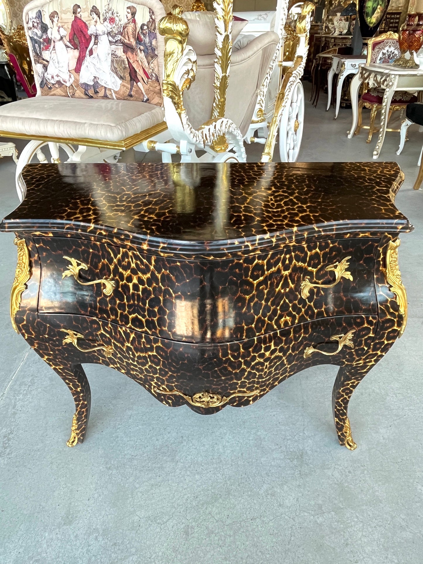 Chest of Drawer Louis XV Style in Leopard Print Dresser Retro Baroque Rococo Style Bedroom Kommode in Brown Leopard Print Collection Decor