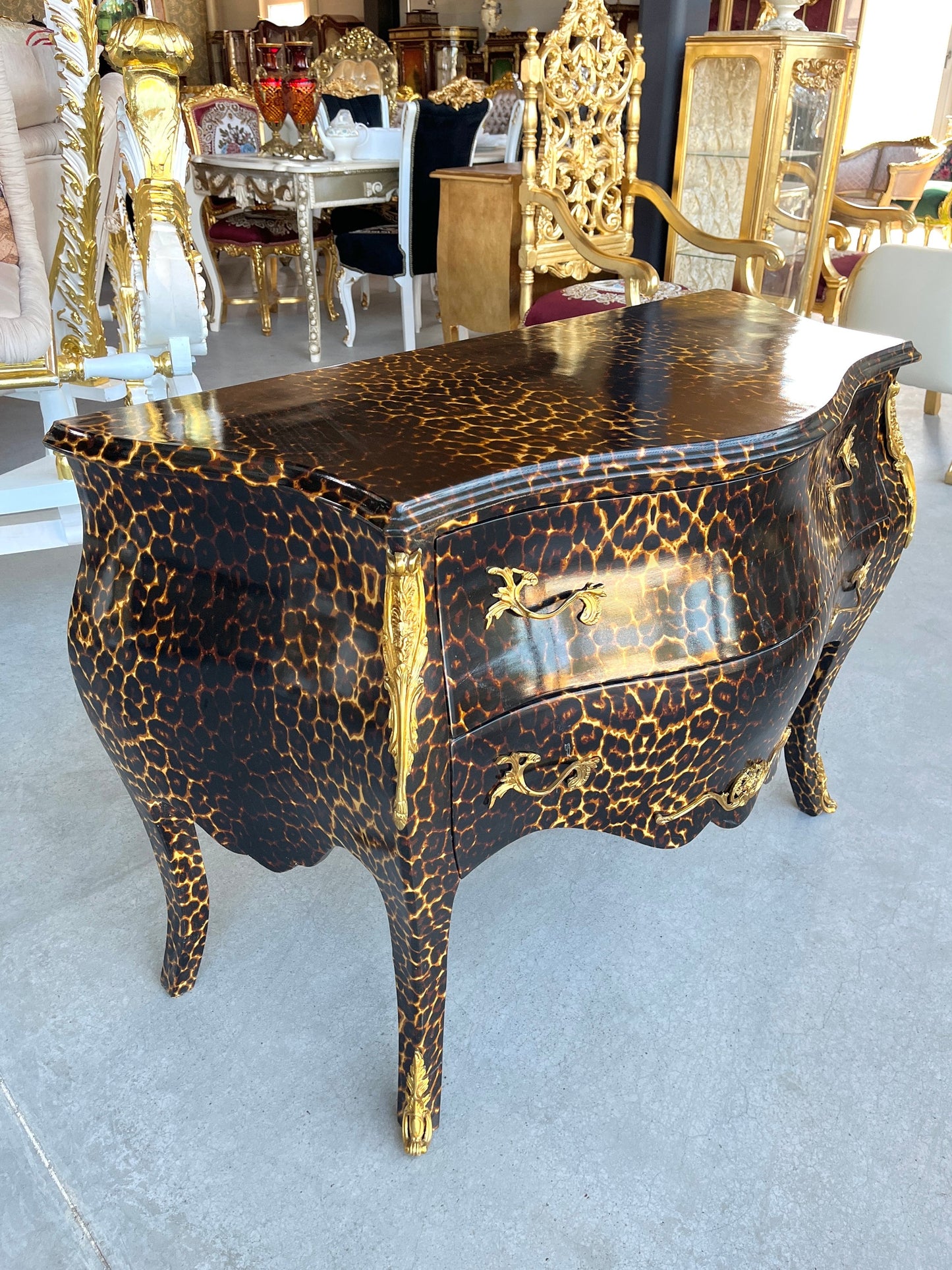 Chest of Drawer Louis XV Style in Leopard Print Dresser Retro Baroque Rococo Style Bedroom Kommode in Brown Leopard Print Collection Decor