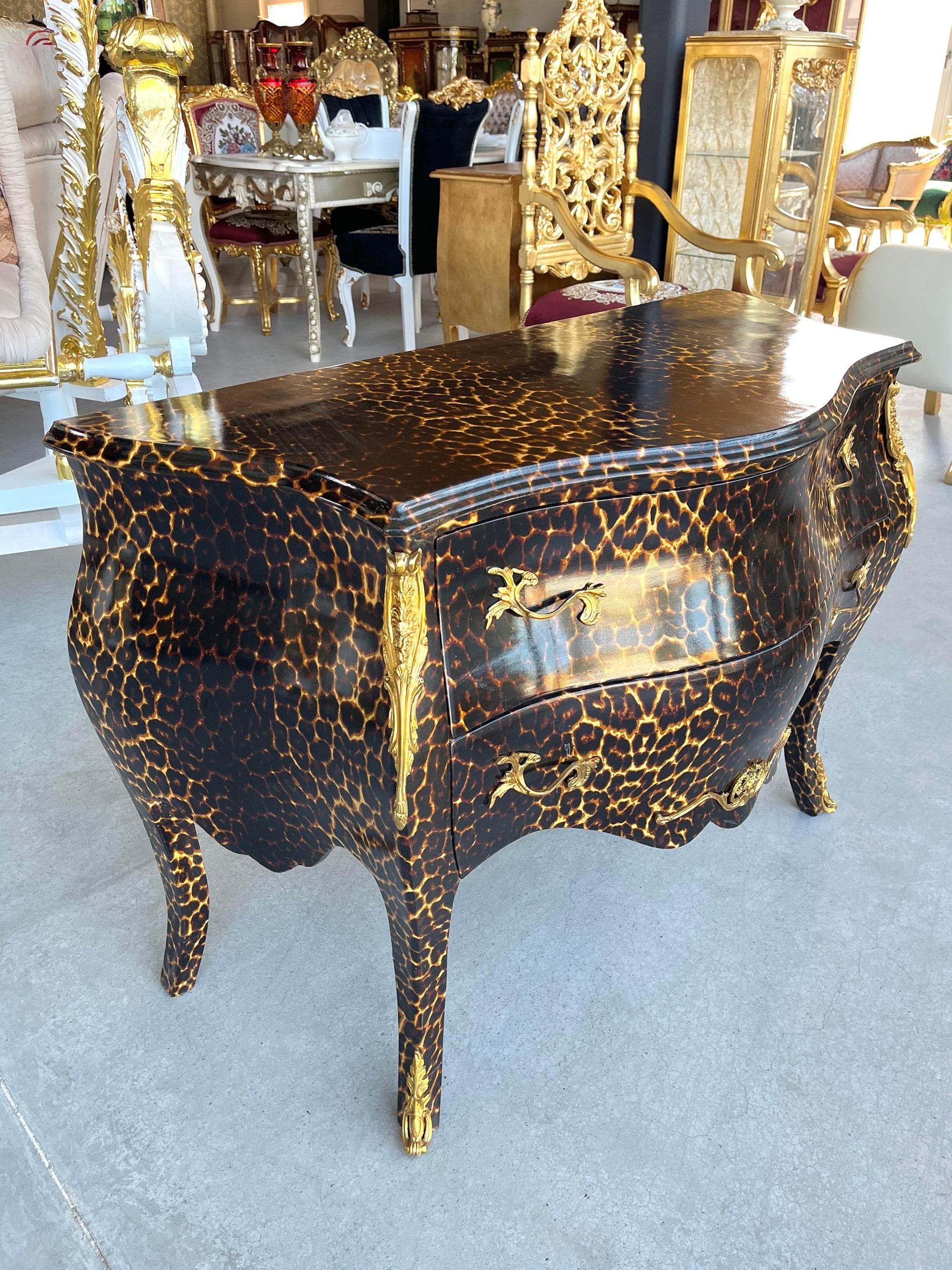 Chest of Drawer Louis XV Style in Leopard Print Dresser Retro Baroque Rococo Style Bedroom Kommode in Brown Leopard Print Collection Decor