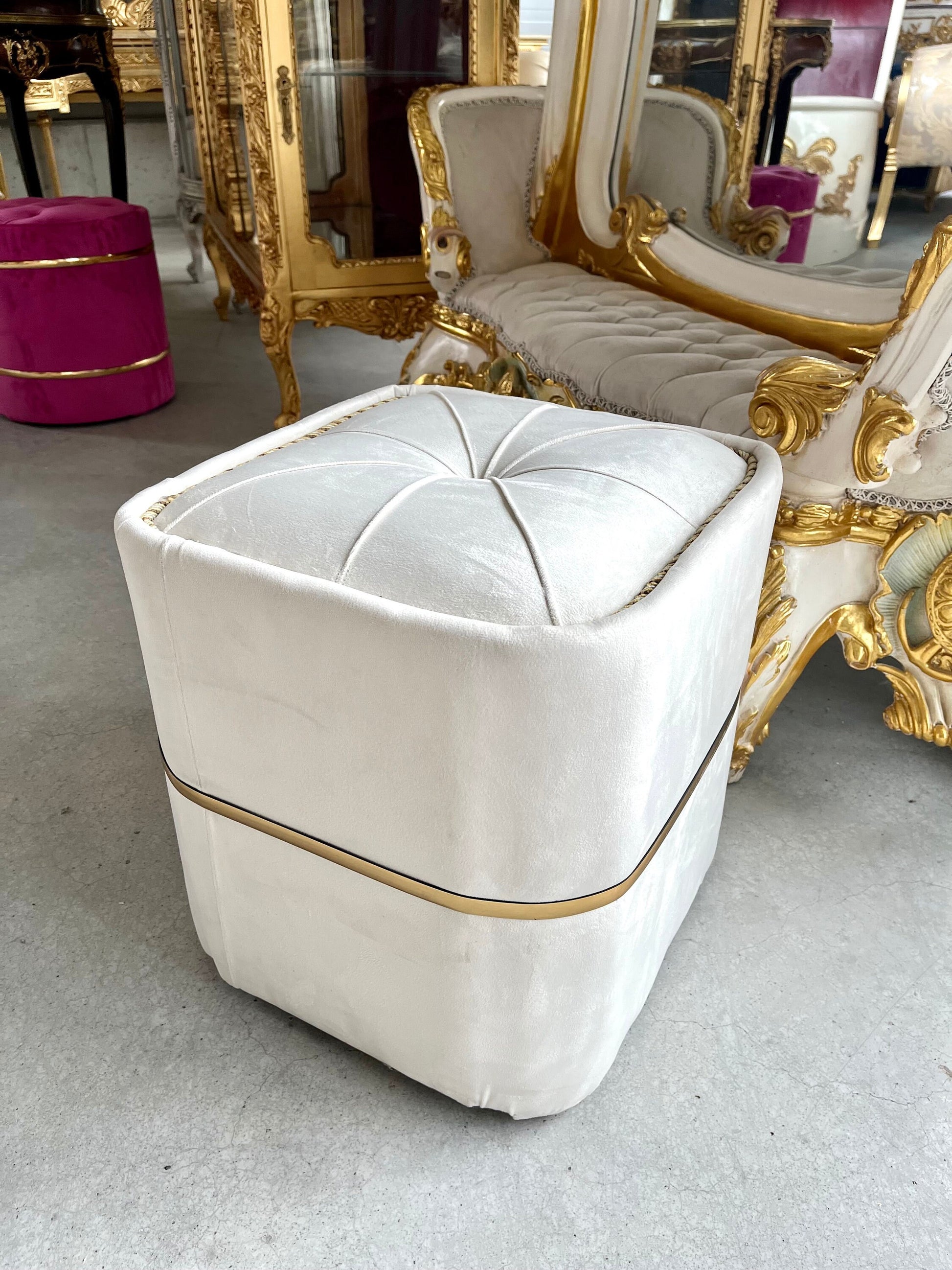 Ottoman Baroque Rococo Style Colorful Footstool Retro Handmade Home Decor Style Ottoman in Rich Velvet Beige & Blue Color