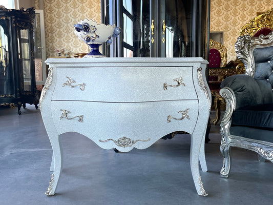 Chest of Drawer French Louis Style in Silver Glitter Dresser Retro Baroque Style Inlaid 2 Drawers & Metal Ornaments Commode in Silver