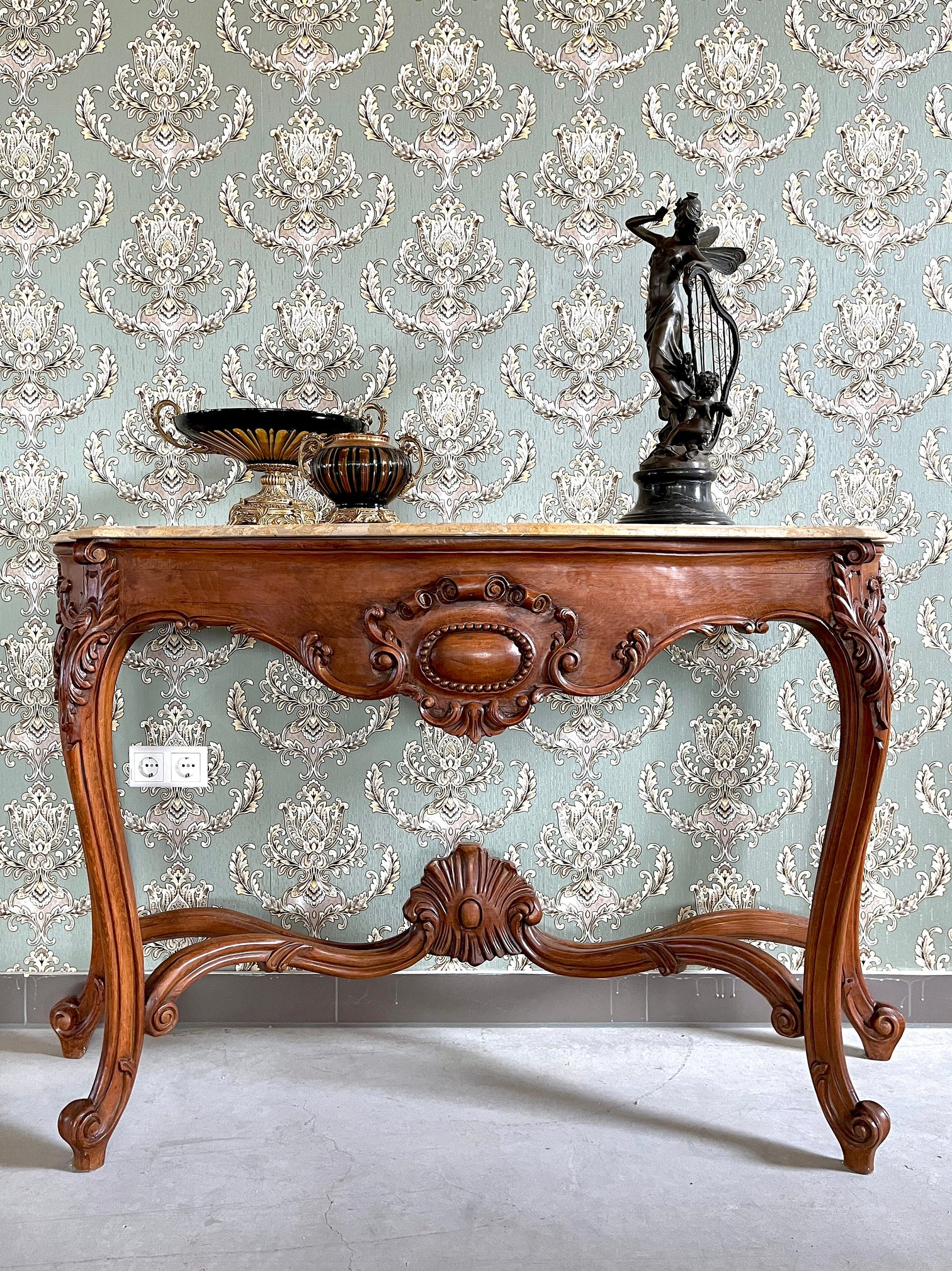 Console Table French Antique Style in Solid Wood Brown and Marble Slab Top Table Retro Baroque Style Gorgeous for Home Decor