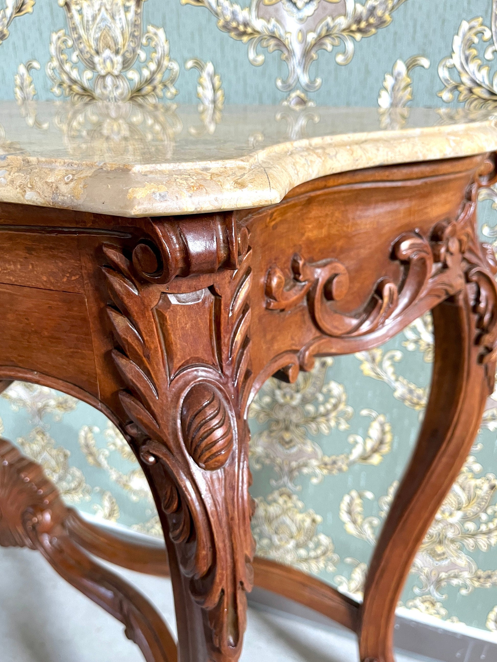 Console Table French Antique Style in Solid Wood Brown and Marble Slab Top Table Retro Baroque Style Gorgeous for Home Decor
