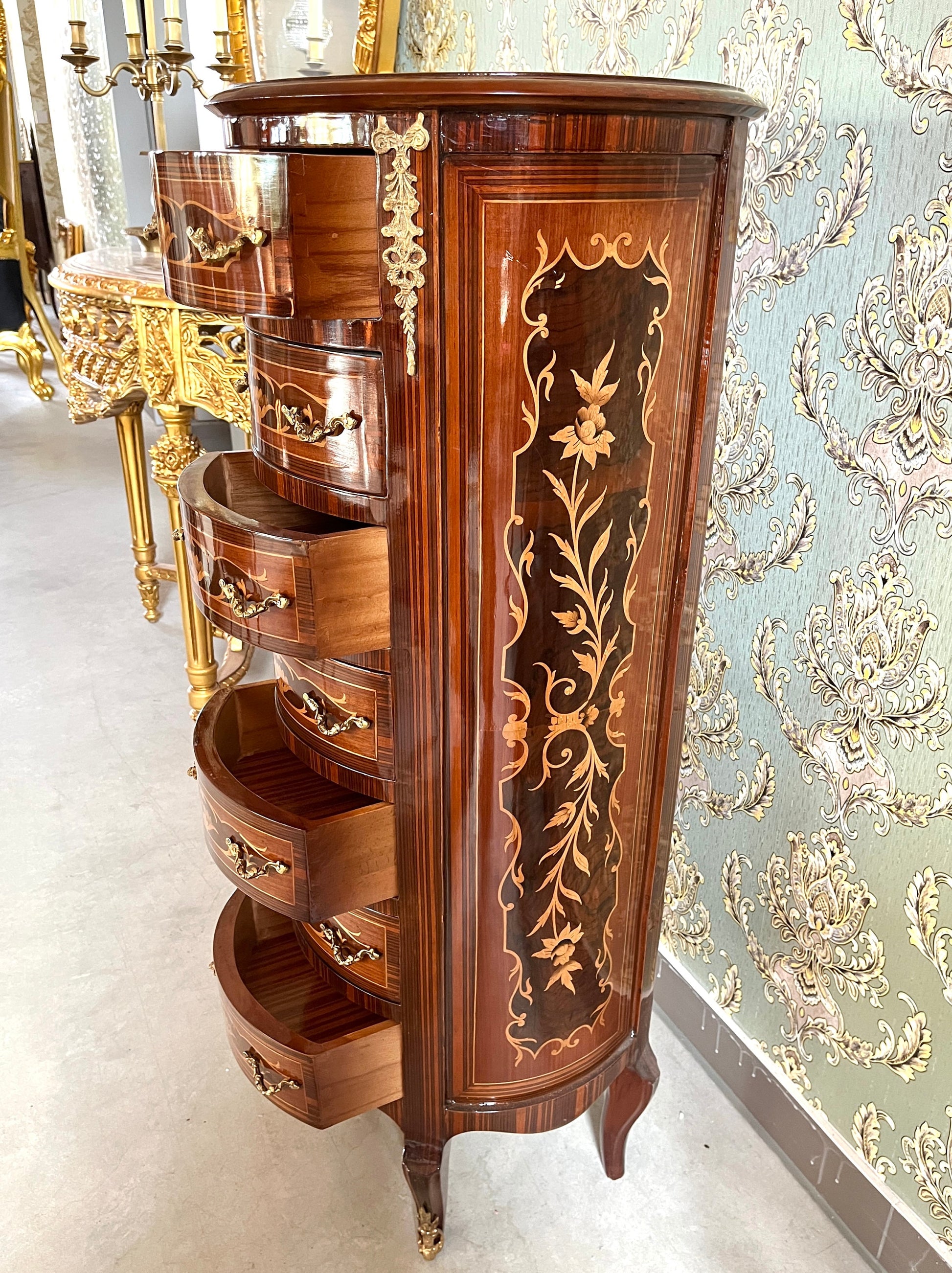 Chest of Drawer Retro Baroque Style Tall Round Kommode with 7 Drawers Home Decor Round Wooden Cabinet Drawer Antique Style