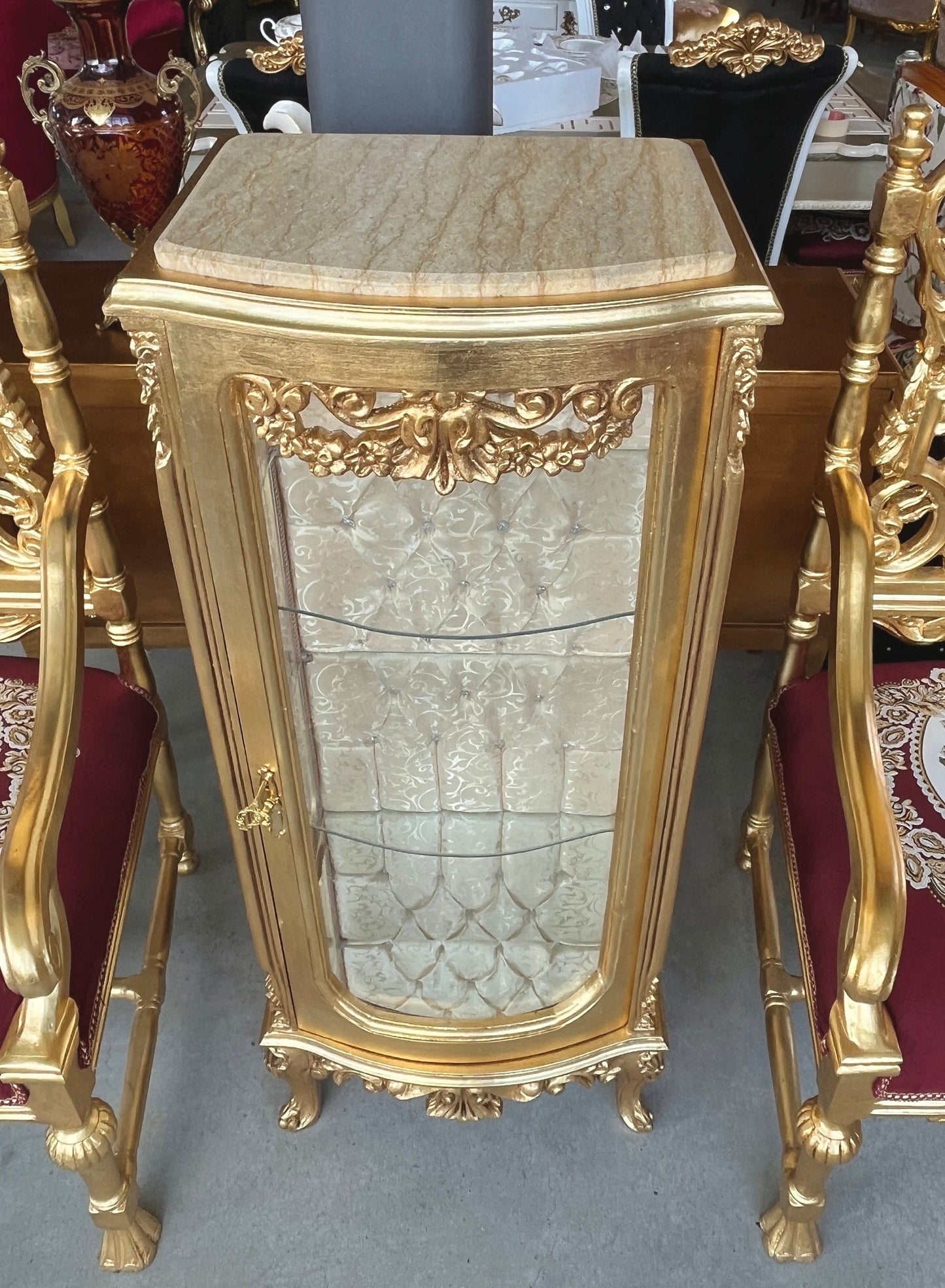 Display Cabinet French Louis Antique Style Showcase Retro Baroque Style Beige Glass Showcase Cabinet Gold Finish for Home Decor