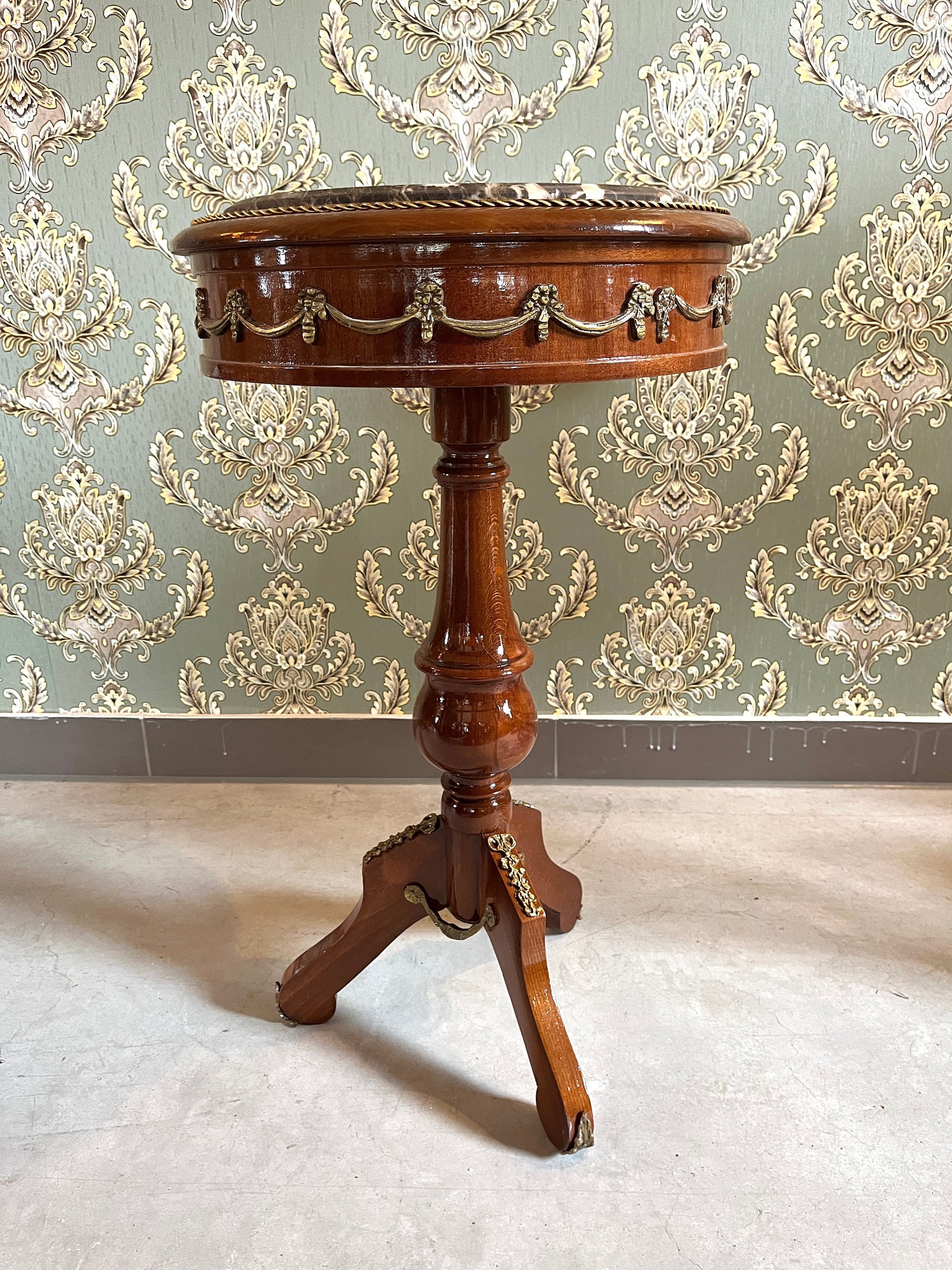Small Wooden Side Table Baroque Antique Style Coffee Table Handcrafted Brown Round Table w/ Beige Marble Green Marble or Brown Marble Top