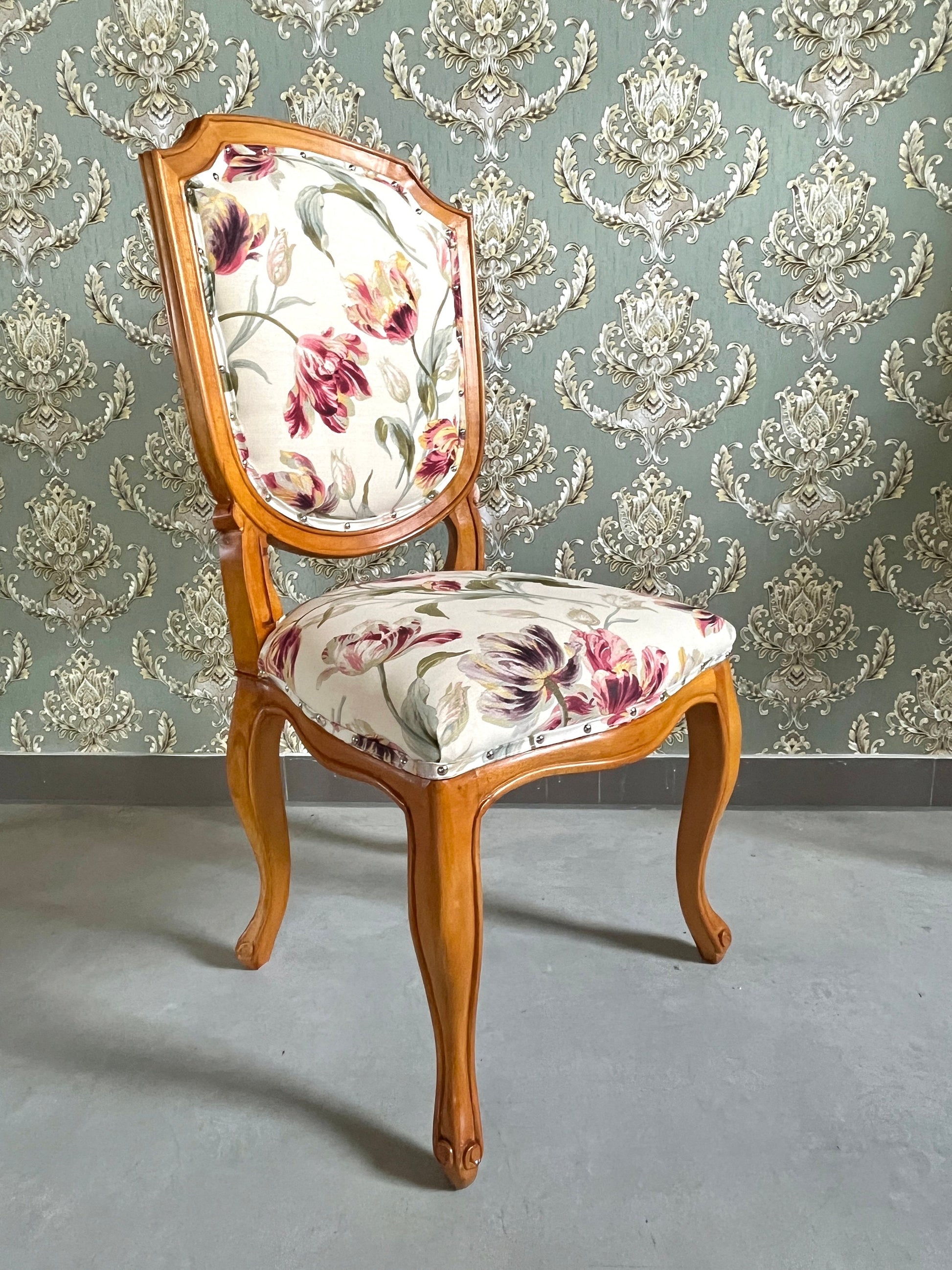 Dining Chair French Baroque Style Wooden Chair Beige Color Floral Print Accent Chair