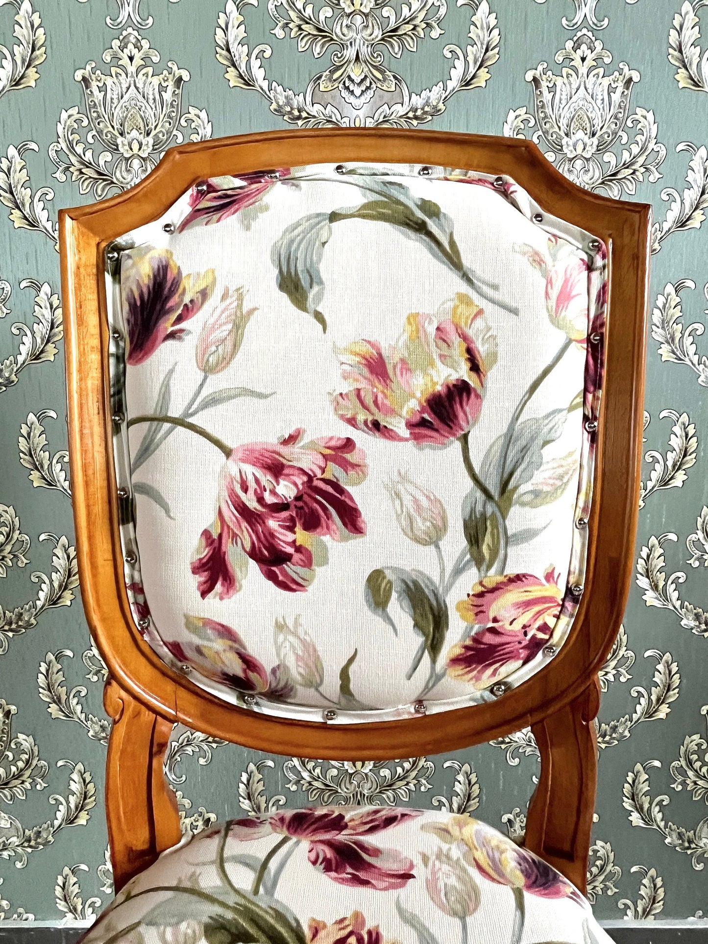 Dining Chair French Baroque Style Wooden Chair Beige Color Floral Print Accent Chair