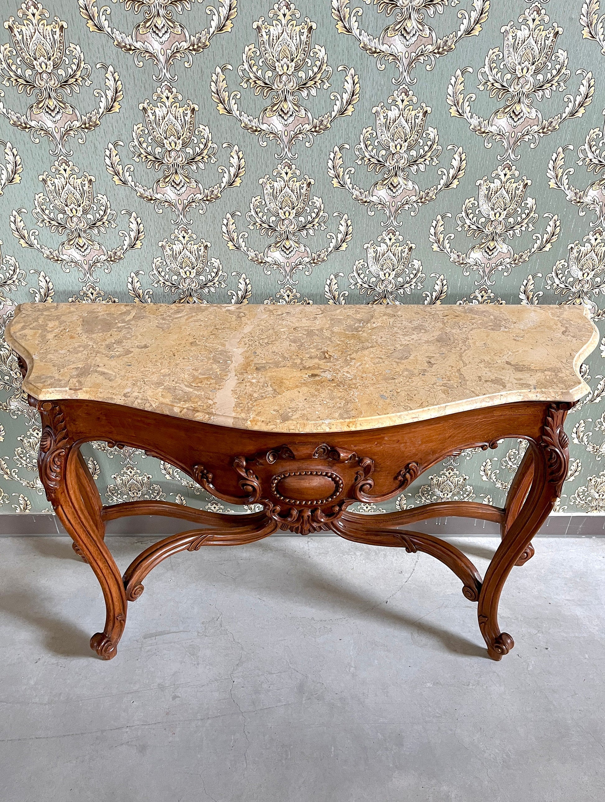 Console Table French Antique Style in Solid Wood Brown and Marble Slab Top Table Retro Baroque Style Gorgeous for Home Decor