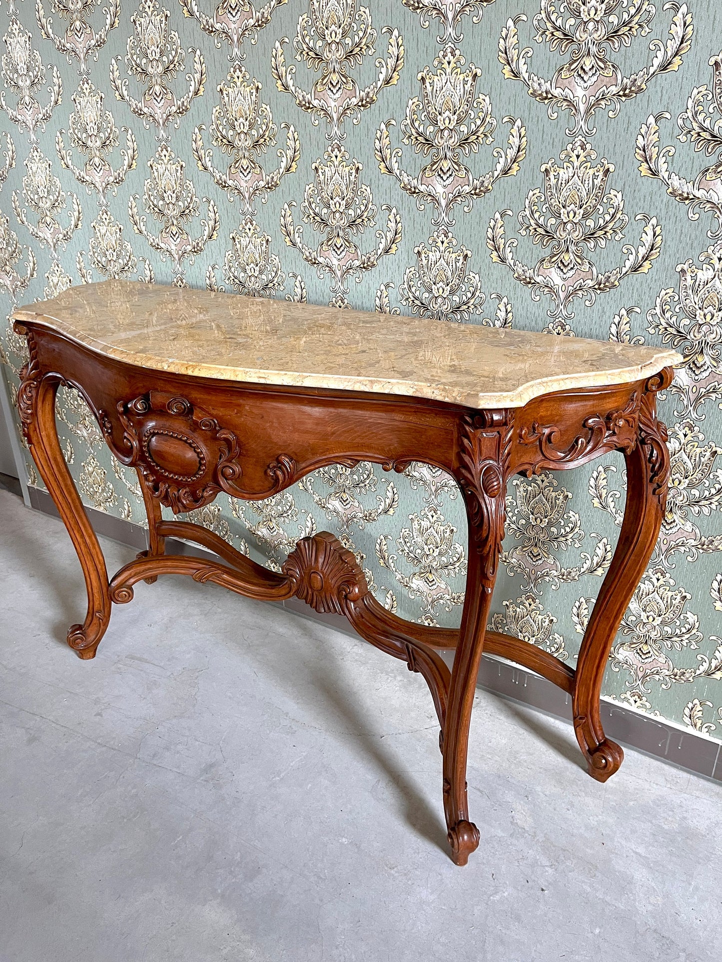 Console Table French Antique Style in Solid Wood Brown and Marble Slab Top Table Retro Baroque Style Gorgeous for Home Decor
