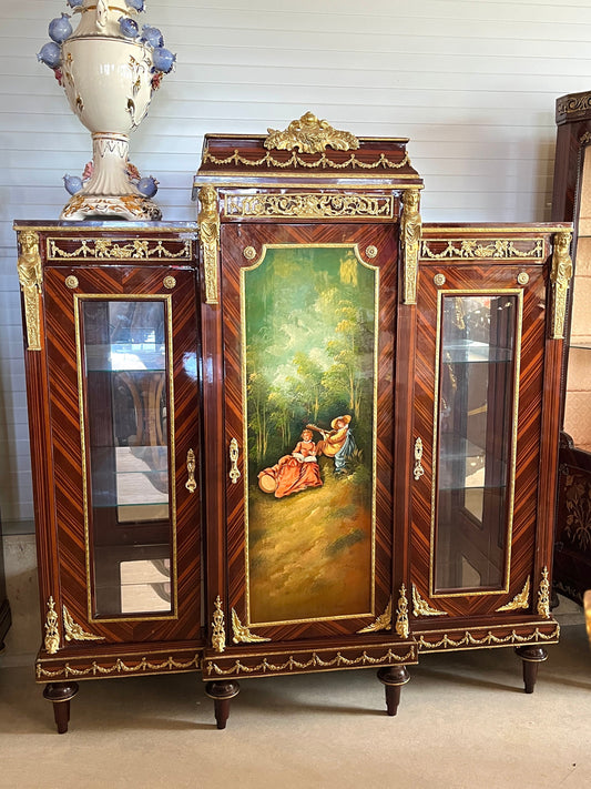 Cabinet Showcase Antique Baroque Style Oil Painting Hand-painted Glass Cabinet French Louis Style in Brown for Home Decor