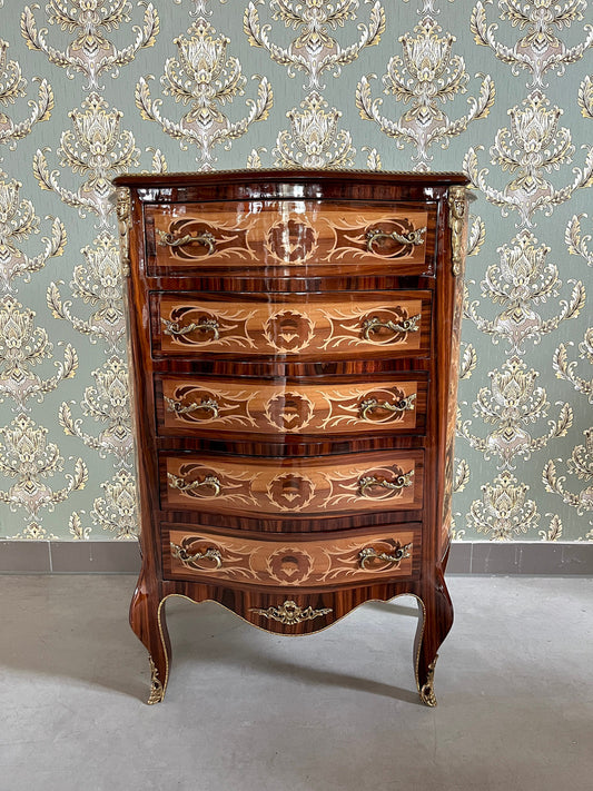 Chest of Drawer Antique Baroque Style 5 Drawer Cabinet in Brown Pattern Bronze Ornament for Home Decor