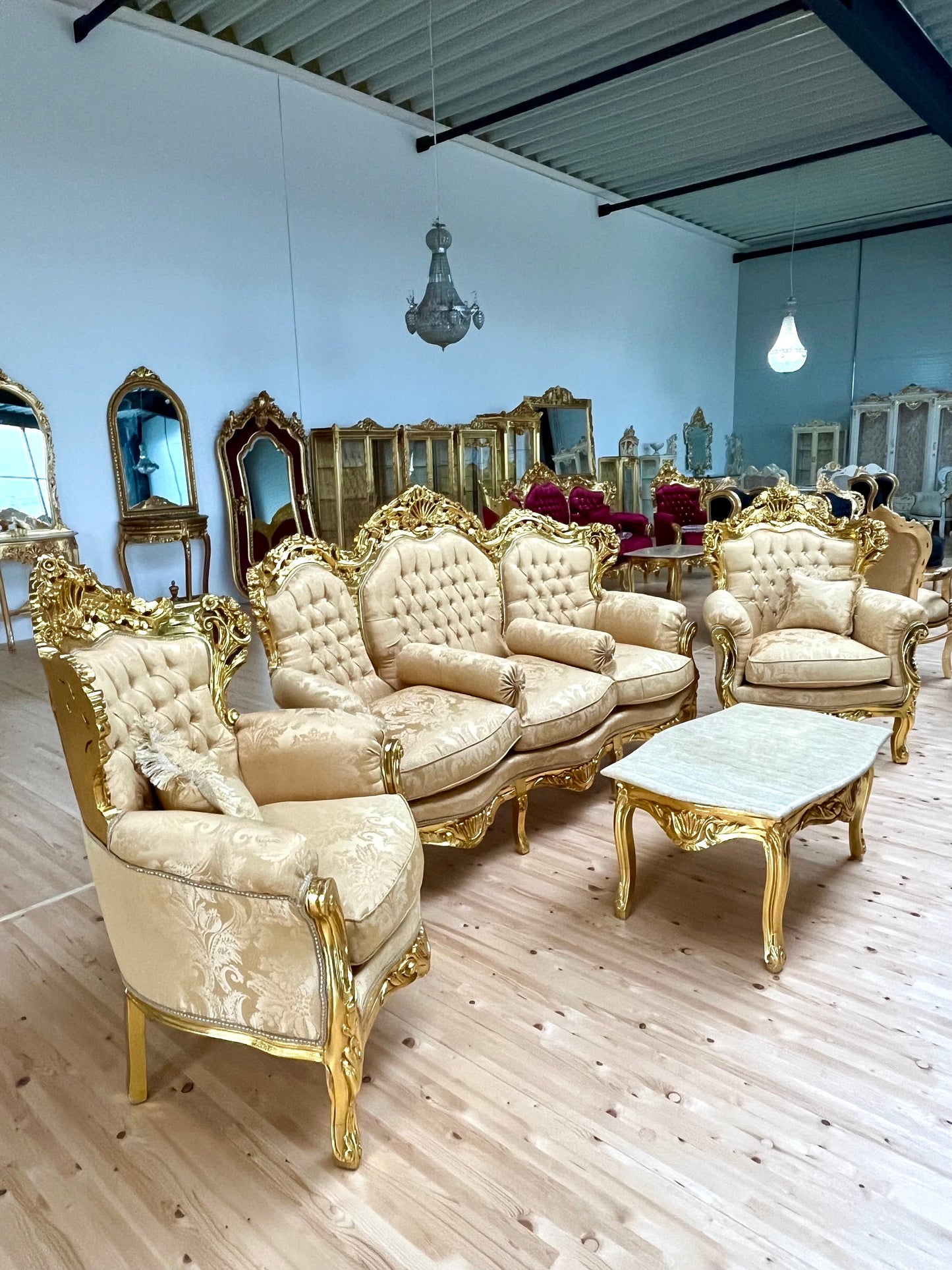Sofa Set French Louis Style in Gold Finish Retro Baroque Rococo Style Couch Set For Holiday Sparkling Home Decor Gift for Hotel Lobby Decor