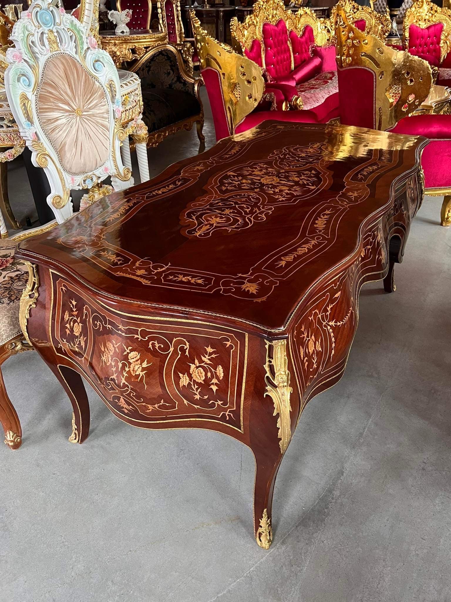 Limitierter handgefertigter Schreibtisch im Barockstil/ Limited Deluxe Desk in French Baroque Style Wooden Desk Nostalgic Antique Look Brown
