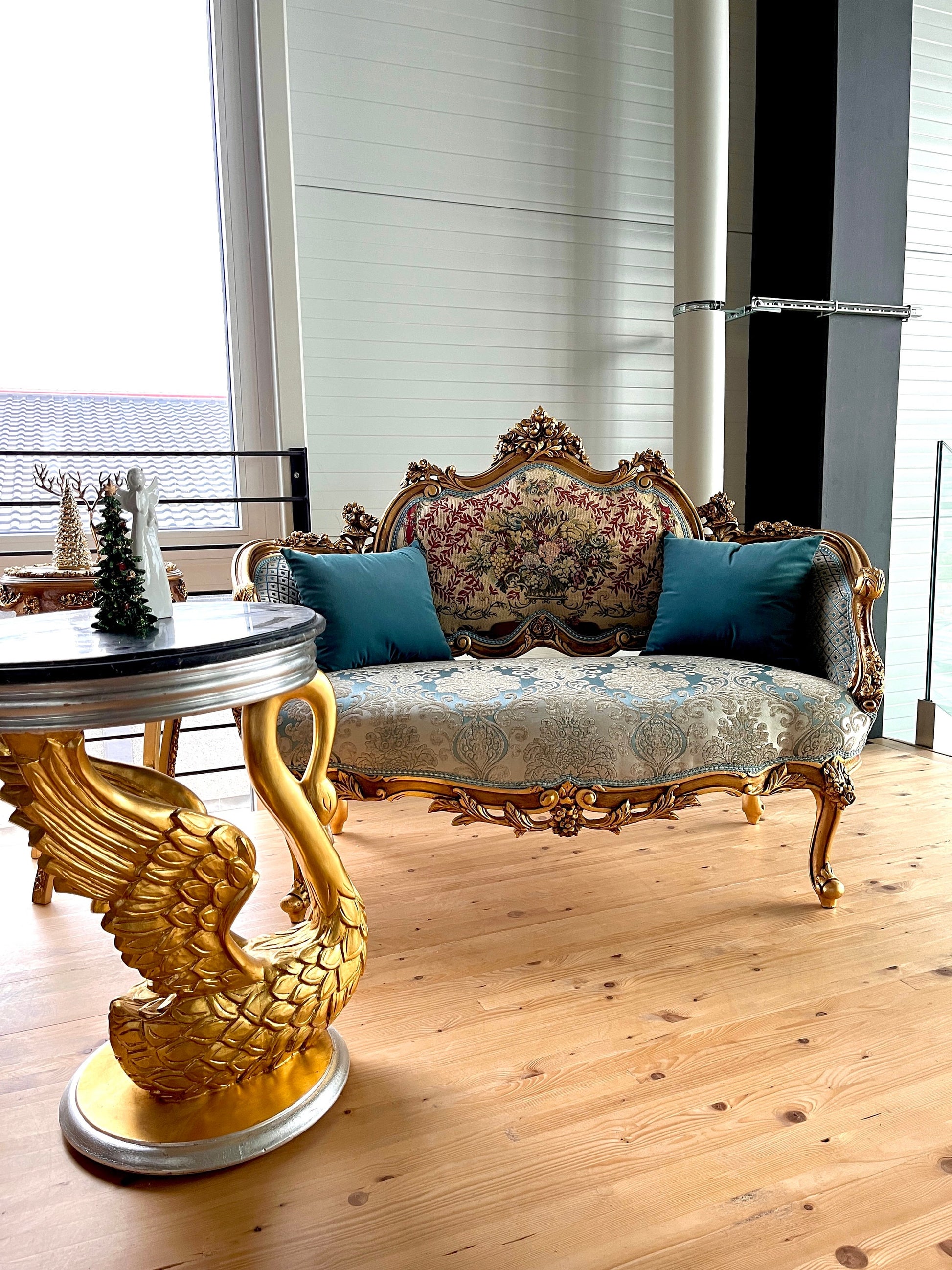 Love Seat French Louis Style Sofa Royal Baroque Style Settee for Home Italian Baroque Rococo Style Sofa in Blue Color for Lounge