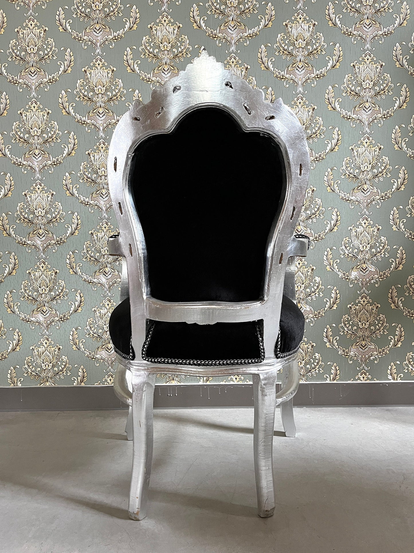 Armchair French Louis Style Black Velvet Chair Antique Style Baroque Rococo Style Armchair in Silver Finish Velvet Black for Home