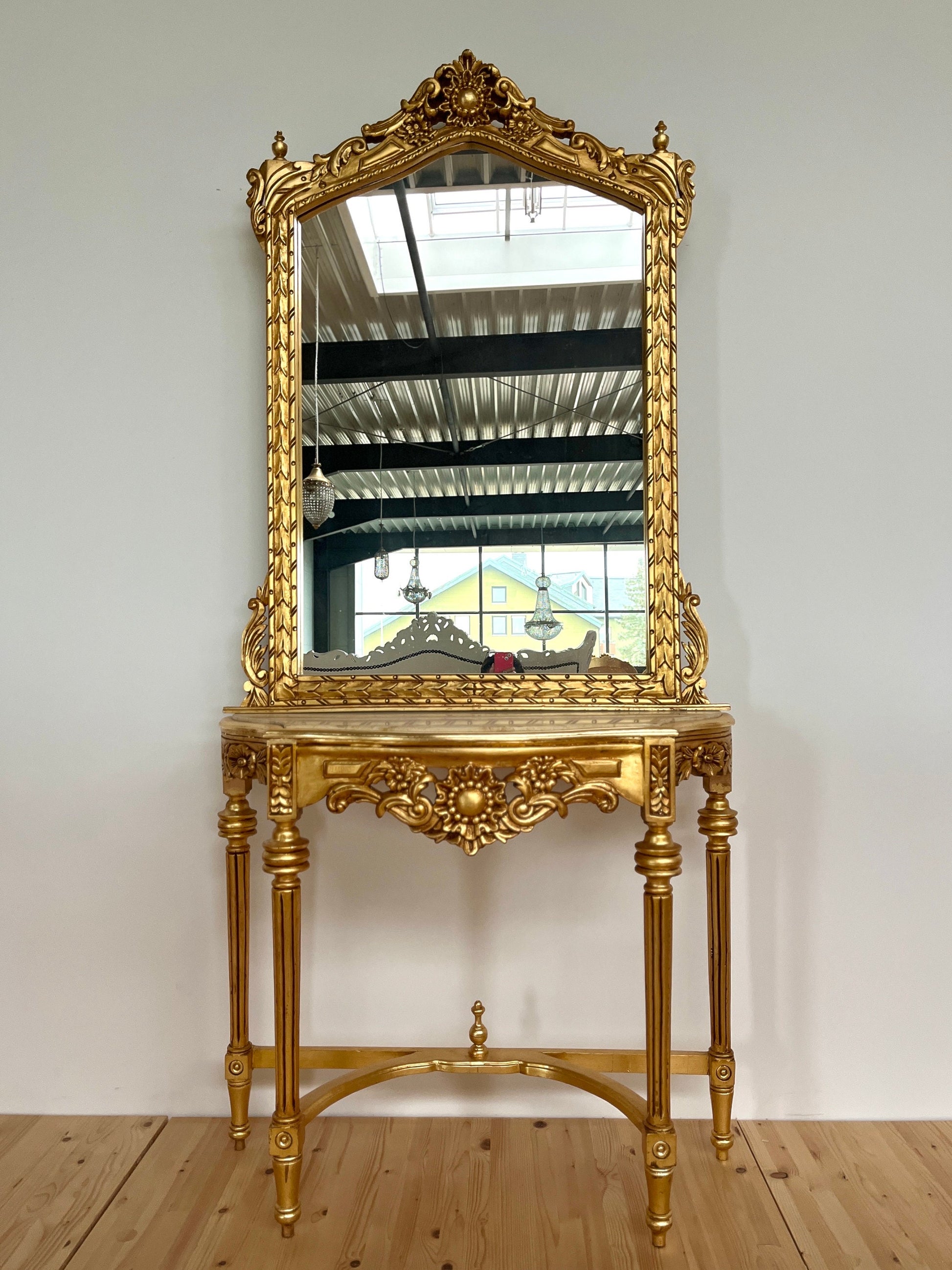 Mirror Table Console Retro Baroque Style with Marble Slab Top Handmade Wooden Table in Gold Finish