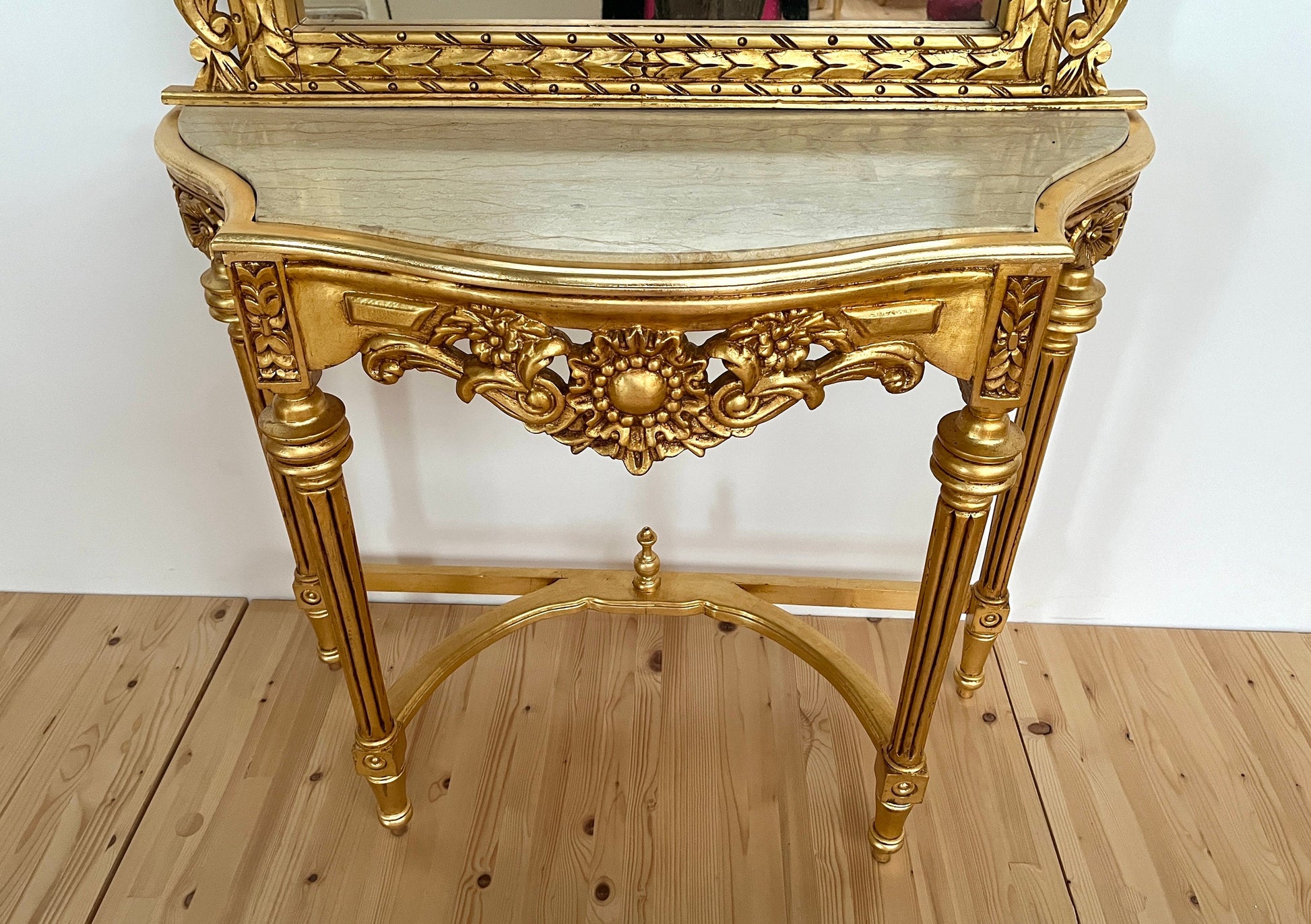 Mirror Table Console Retro Baroque Style with Marble Slab Top Handmade Wooden Table in Gold Finish