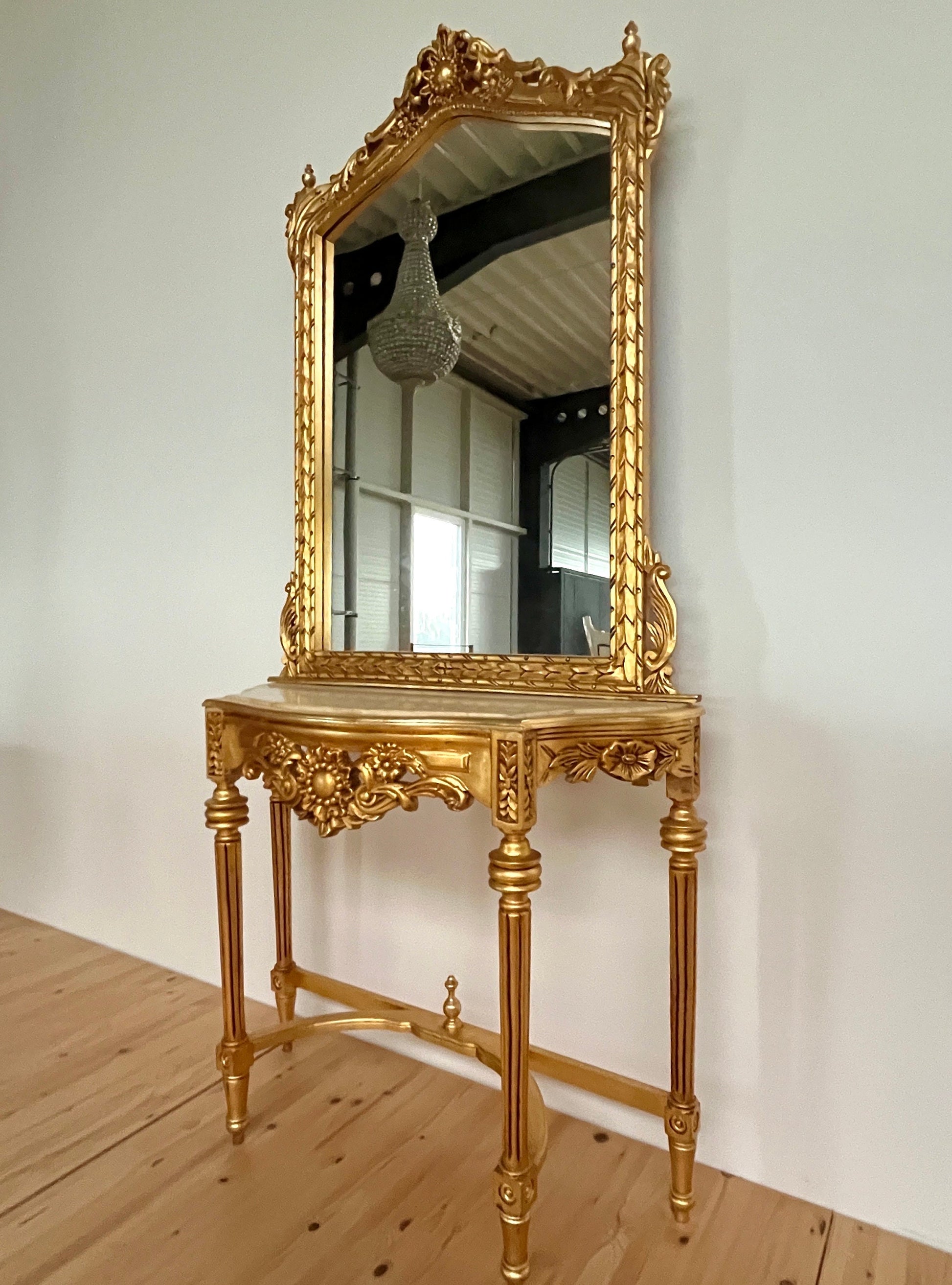 Mirror Table Console Retro Baroque Style with Marble Slab Top Handmade Wooden Table in Gold Finish