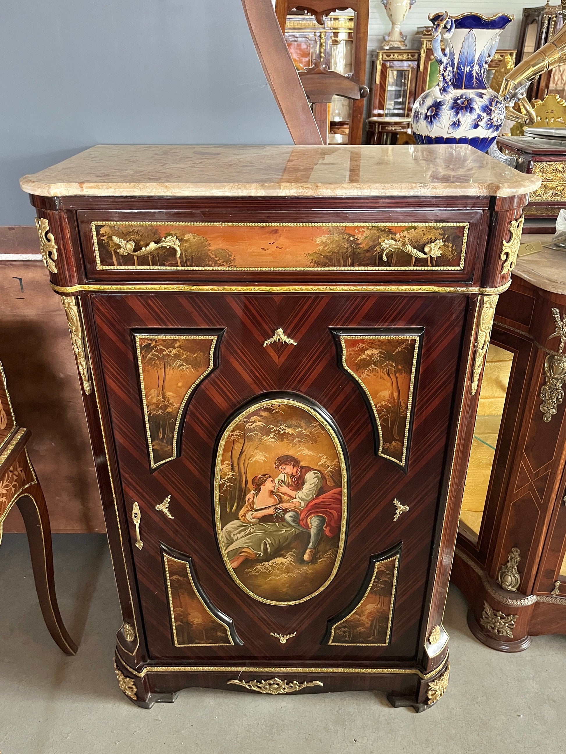 Shoe Cabinet Retro Baroque Antique Style Wooden Brown Cabinet with Oil Handpainted at Front and Marble Slab at Top