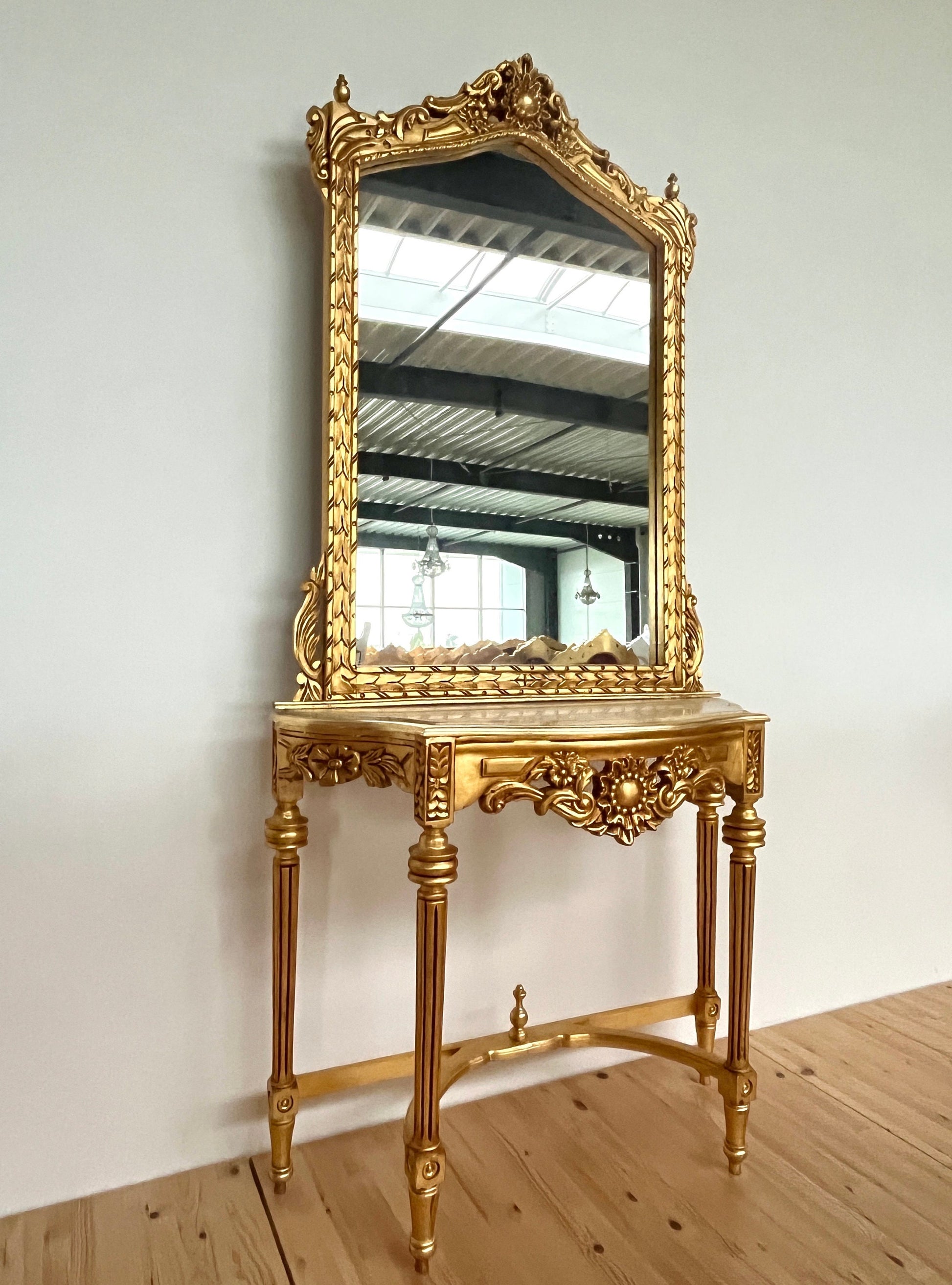 Mirror Table Console Retro Baroque Style with Marble Slab Top Handmade Wooden Table in Gold Finish