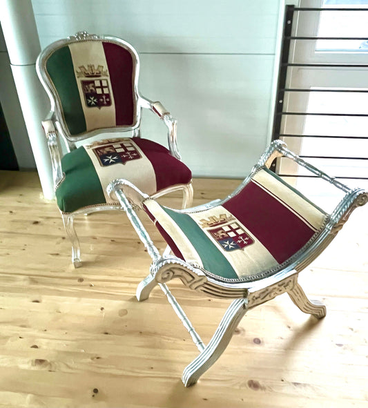 Armchair and Ottoman Set French Louis Baroque Style Italian Naval Crown in Silver Finish Armchair Ottoman Set in Retro Baroque Rococo Style