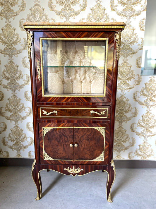 Display Cabinet French Baroque Style with Beige Marble Top Showcase Glass Wooden Brown Color Bronze Ornaments for Home Decor