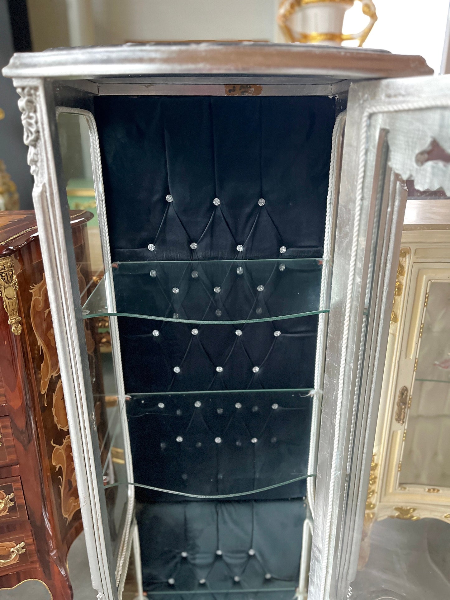 Display Cabinet Silver Black French Louis XV Antique Style Showcase Marble at Top Middle Size Baroque Style Showcase for Home Decor
