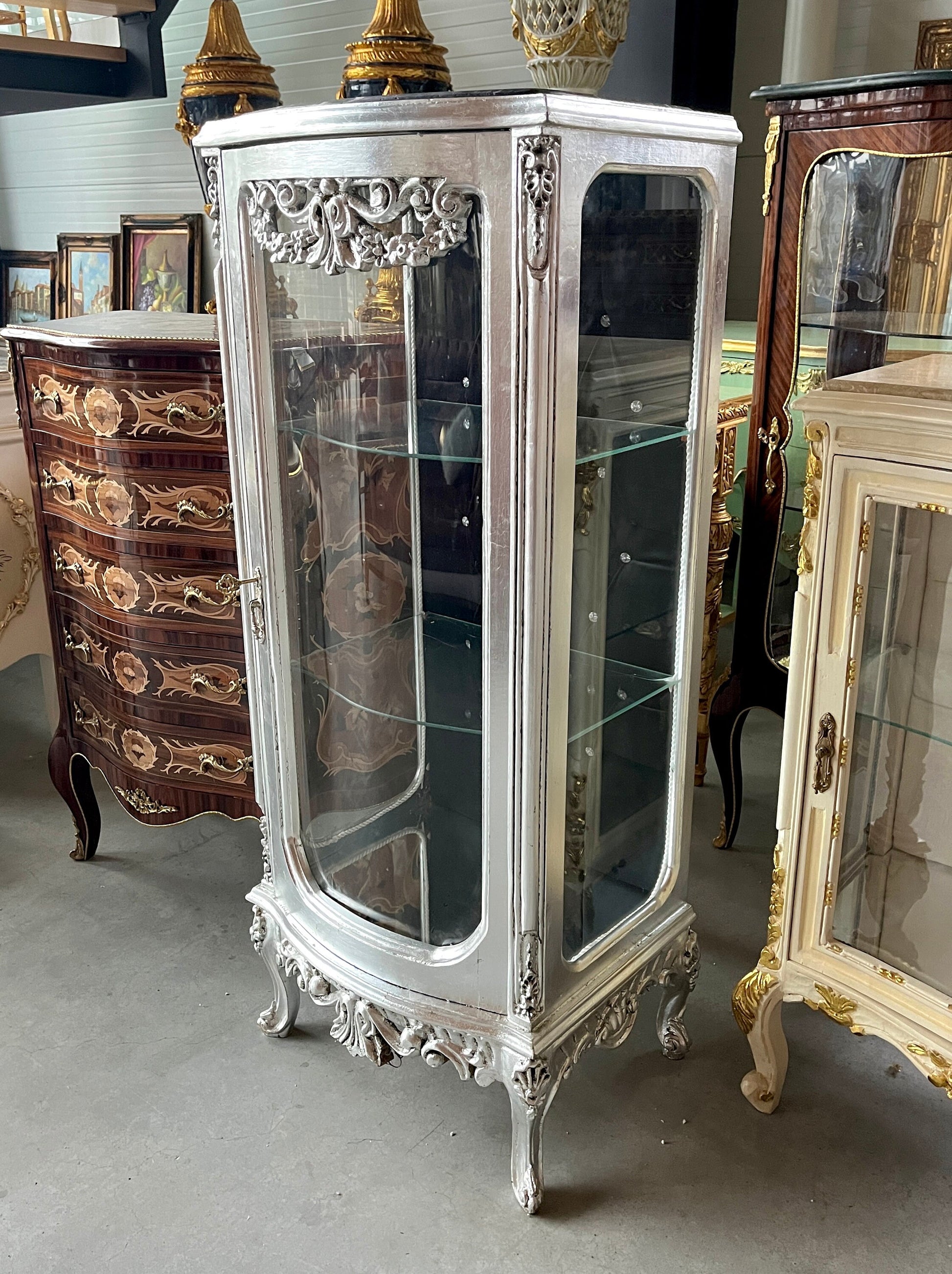 Display Cabinet Silver Black French Louis XV Antique Style Showcase Marble at Top Middle Size Baroque Style Showcase for Home Decor