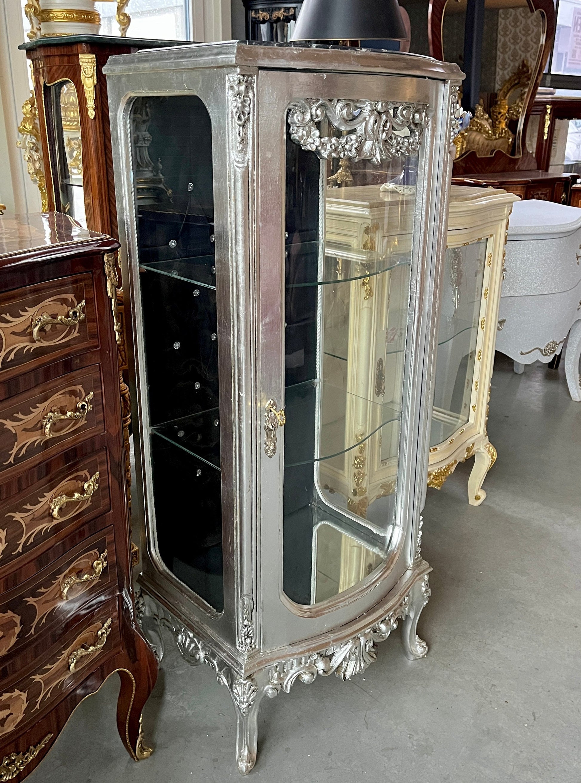 Display Cabinet Silver Black French Louis XV Antique Style Showcase Marble at Top Middle Size Baroque Style Showcase for Home Decor
