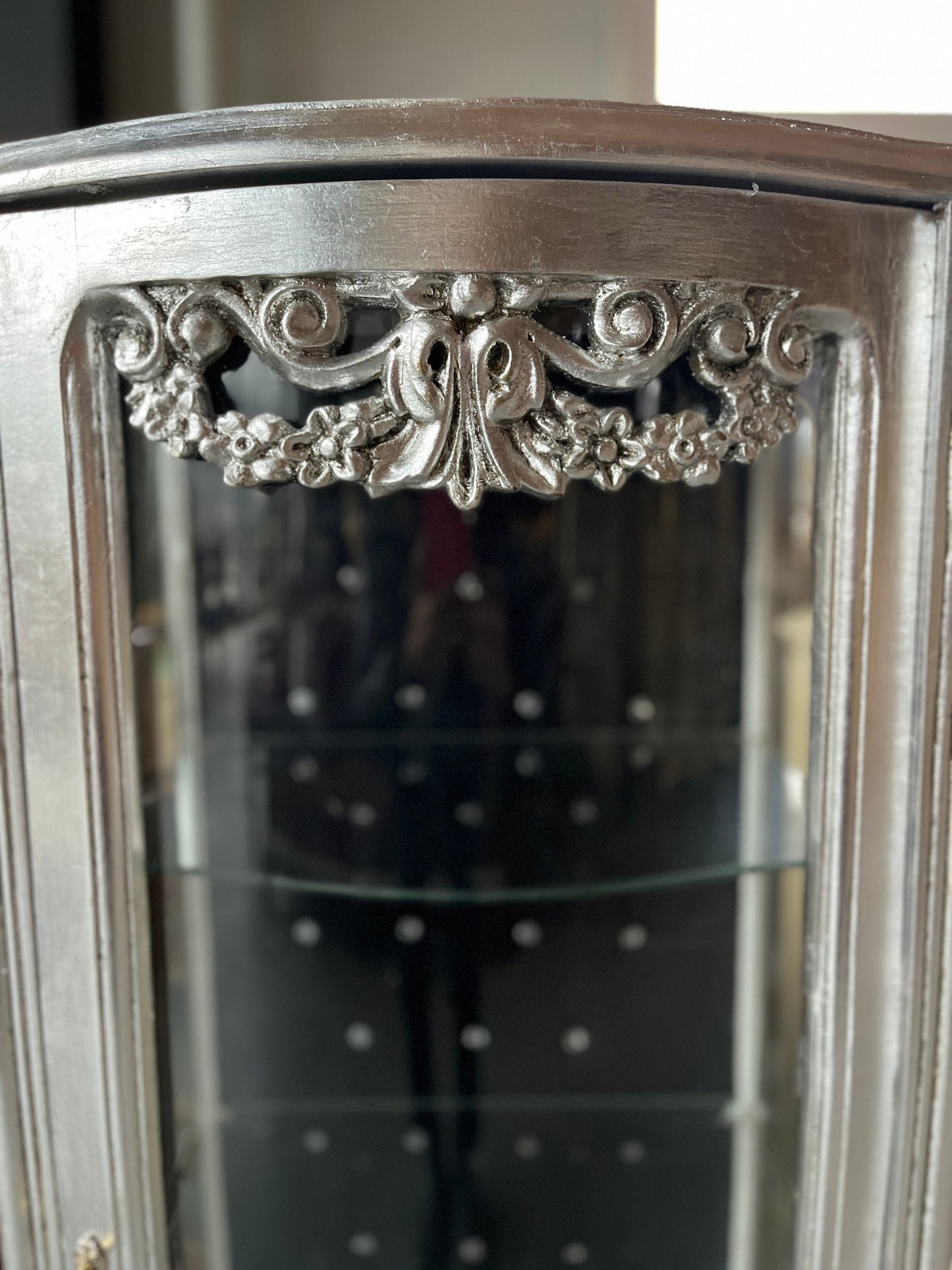 Display Cabinet Silver Black French Louis XV Antique Style Showcase Marble at Top Middle Size Baroque Style Showcase for Home Decor