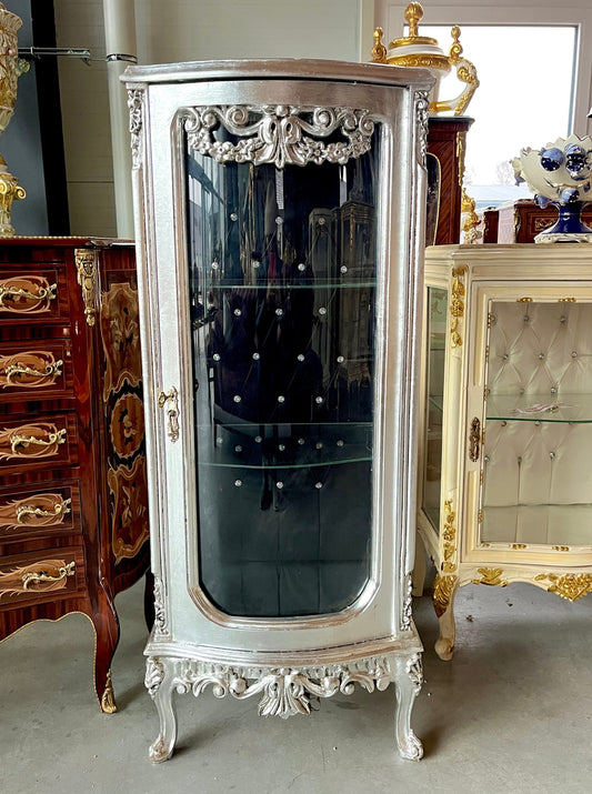 Display Cabinet Silver Black French Louis XV Antique Style Showcase Marble at Top Middle Size Baroque Style Showcase for Home Decor
