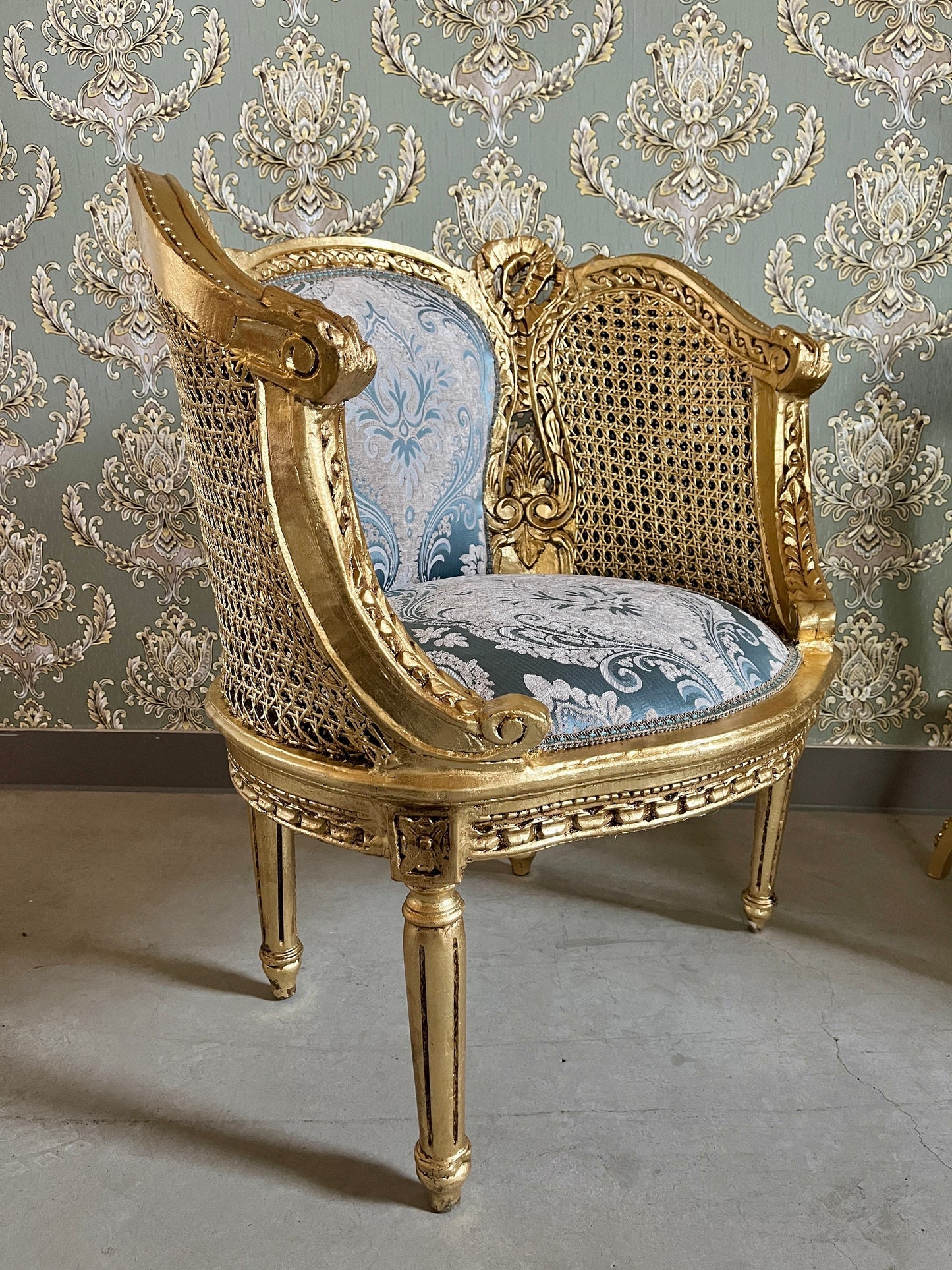 Pair Set Armchair Blue Royal Baroque Rococo Antique Style Chair in Gold Finish Woven Mesh Armrest & Blue Velvet Fabric for Lounge Room Decor