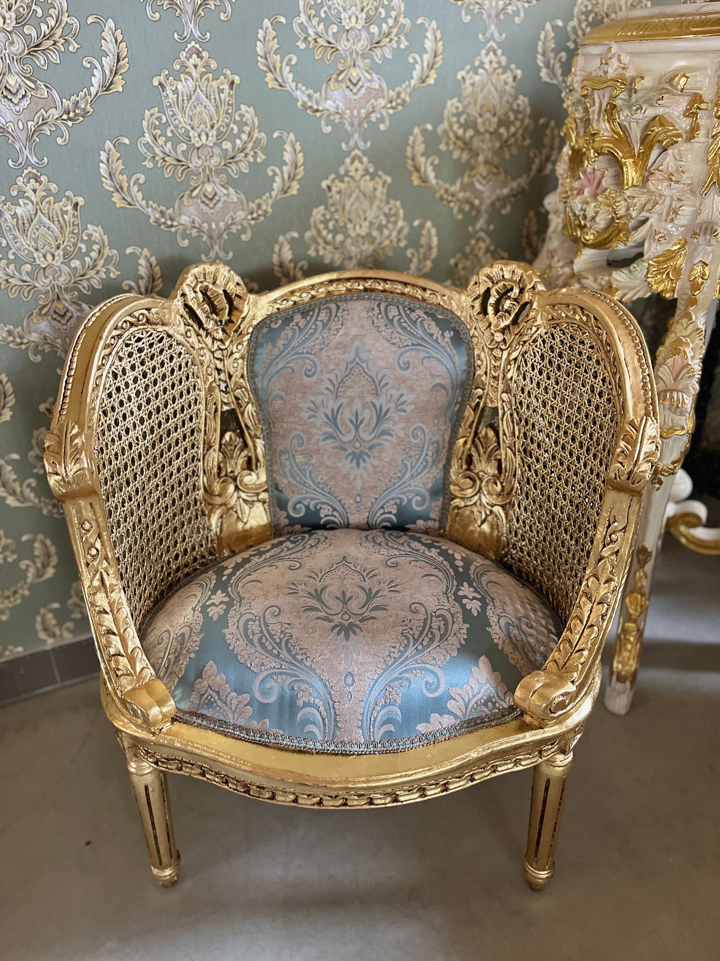 Pair Set Armchair Blue Royal Baroque Rococo Antique Style Chair in Gold Finish Woven Mesh Armrest & Blue Velvet Fabric for Lounge Room Decor